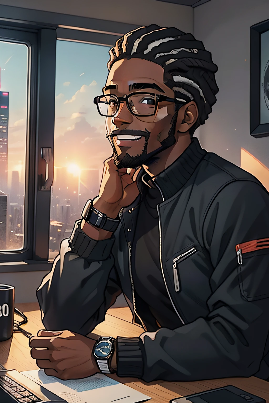 A 30-year-old black man in modern glasses, cabelo curto, little brunette beard with warm smile looking out at the horizon from his window in his black jacket with an H on the left arm of the jacket, with your smartwatch on your wrist, Your room is with electronic devices