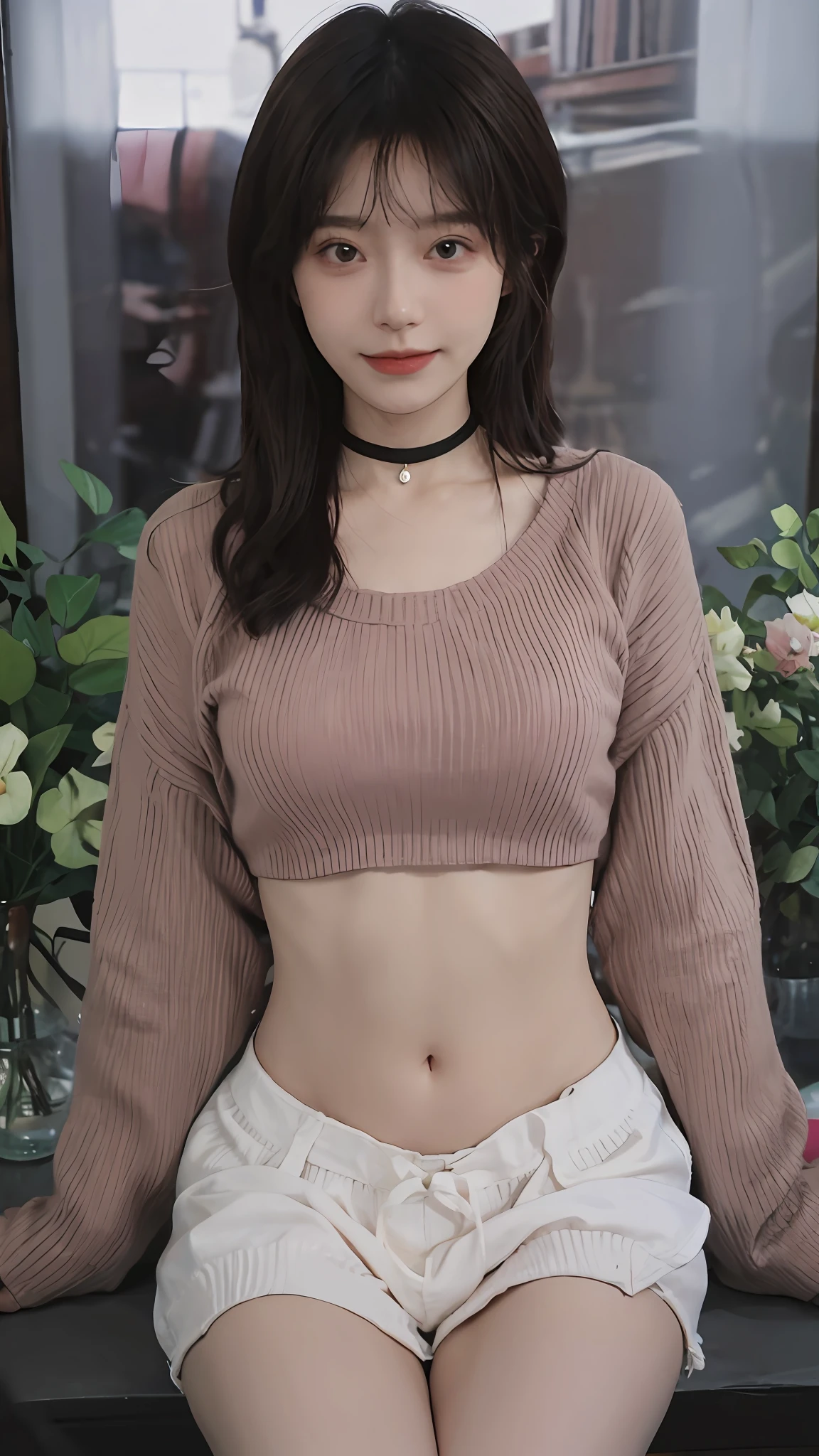 best qualtiy, 超高分辨率, (realisticlying:1.4),cute hairpin,Baoyu Girl,1girll, Beautiful woman with a slim figure:1.4, Abs:1.1, (A brown-haired, mideum breasts:1.3), Long pink sweater:1.1, 浴室,Ultra-fine face,Elaborate Eyes,二重まぶた,ssmile,choker necklace