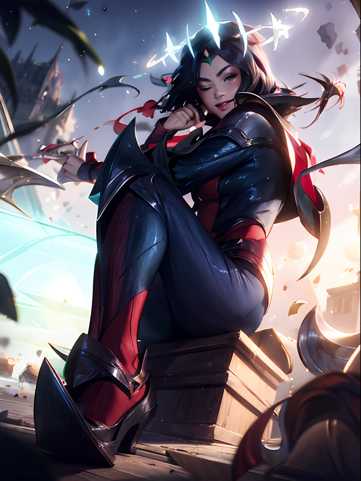 League of Legends Irelia, Wearing Viego's crown, Viego's crown, Green Viego crown, Viego crown, 3 spiked Viego crown, 3 spiked glowing crown, glowing Viego crown, Viego headpieace, SFW, wink, winking, one eye closed, Irelia's outfit, Irelia's clothes, mouth closed, closed mouth smile, looking at viewer, 8k, official art, masterpiece, ultrasharp, blush, red blush, sitting down, legs crossed, crossed legs, right leg over left leg, full body