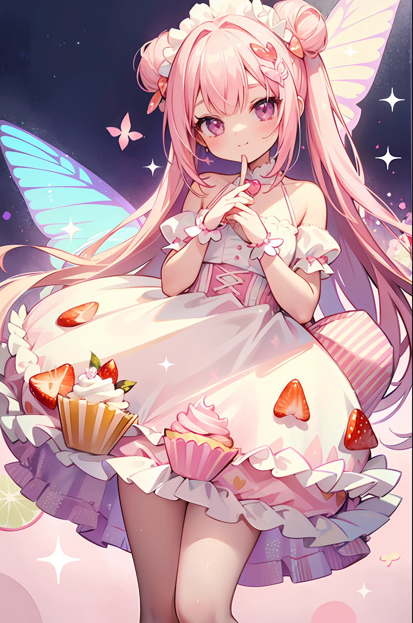 1girl, cupcake theme, pastries, strawberry and vanilla flavored, shiny, sparkles, butterflies and glitter, pearlescent, flavorful, delicious, maid outfit in pink and white, blonde with pink hair streakes, gradient_hair