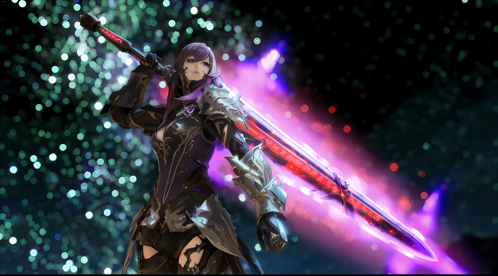 arafed image of a woman with a sword and a purple light, sharp silver armor fuchsia skin, hd wallpaper, 4 k detail fantasy, ffxiv heavensward, game cg, badass anime 8 k, brandishing futuristic sword, 8k octae render photo, of a beautiful female warframe, black fire color reflected armor, beautiful wallpaper