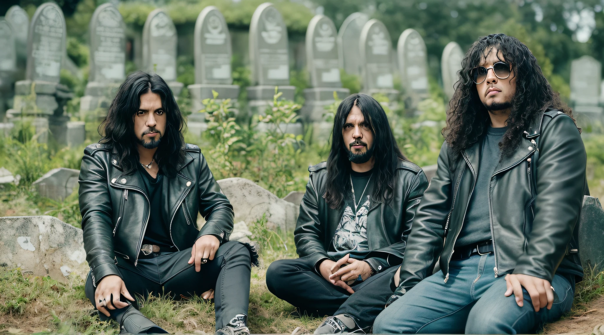 three men in GREEN leather jackets sitting in a grave with their hands on the ground, sepultura, thrash metal, photo documetalism, Black Metal Aesthetics, Metal pesado 1981, Rococo GREEN metal, Black Metal, escala de cinza 1 9 9 0, Doom Metal, sentam-se ao lado de uma pilha de ossos, estilo Black Metal, vinheta muito pesada!!!