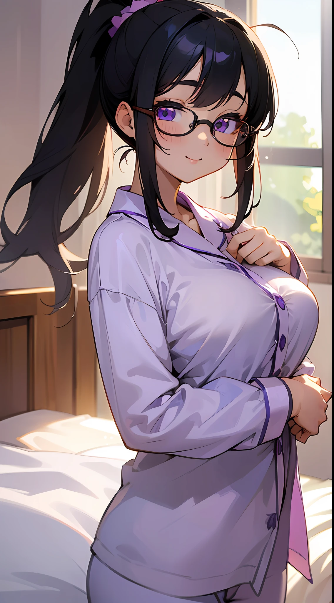 ((masterpiece)), ((best quality)), (ultra-detailed), ((kawaii)), cute, (lovely), anime style, in the room, on the bed, morning, a cute girl, 1girl, solo, pajama, beautiful black hair, beautiful purple eyes, ((beautiful eyes)), white-skinned, ponytail, large breast, glasses, light smile, lens flare