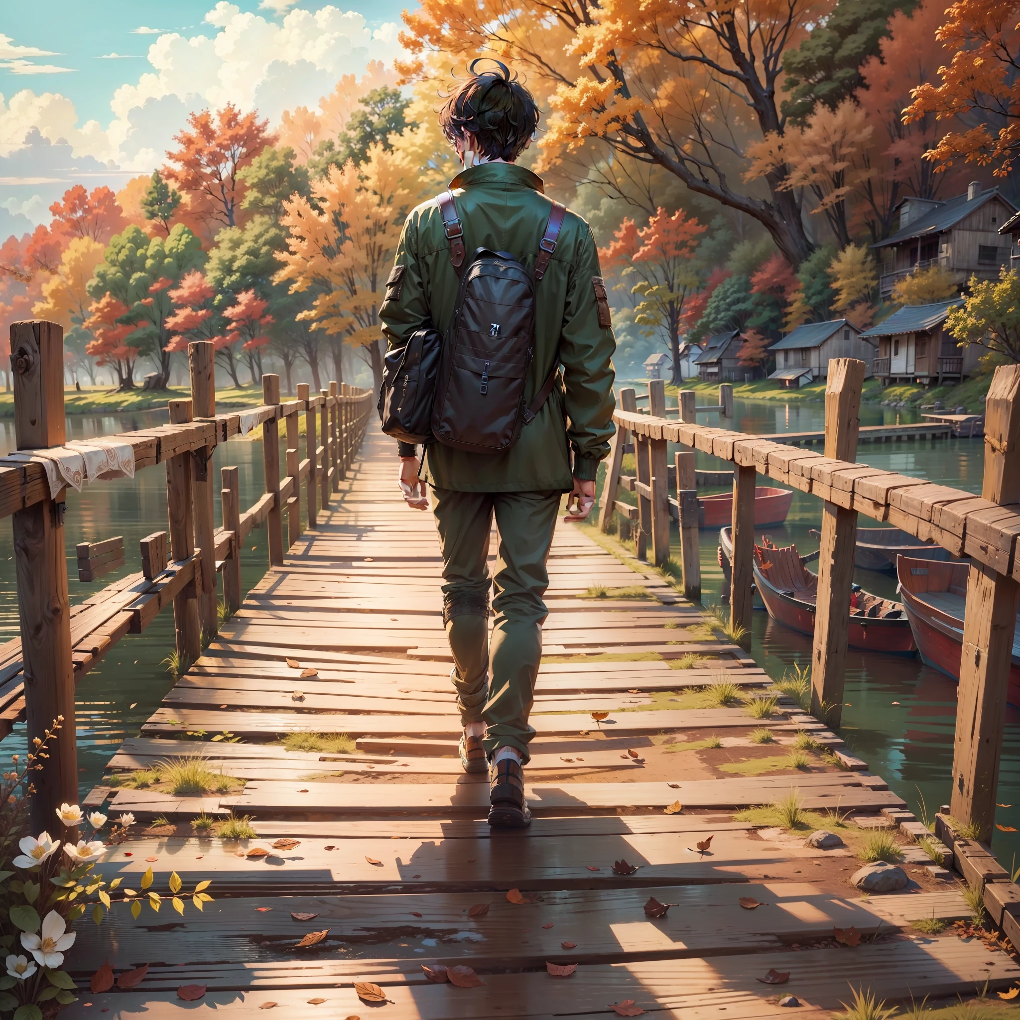 Man walking on a wooden bridge, high detail, anime style, UHD, masterpiece, super detail, high quality, high details, 4K