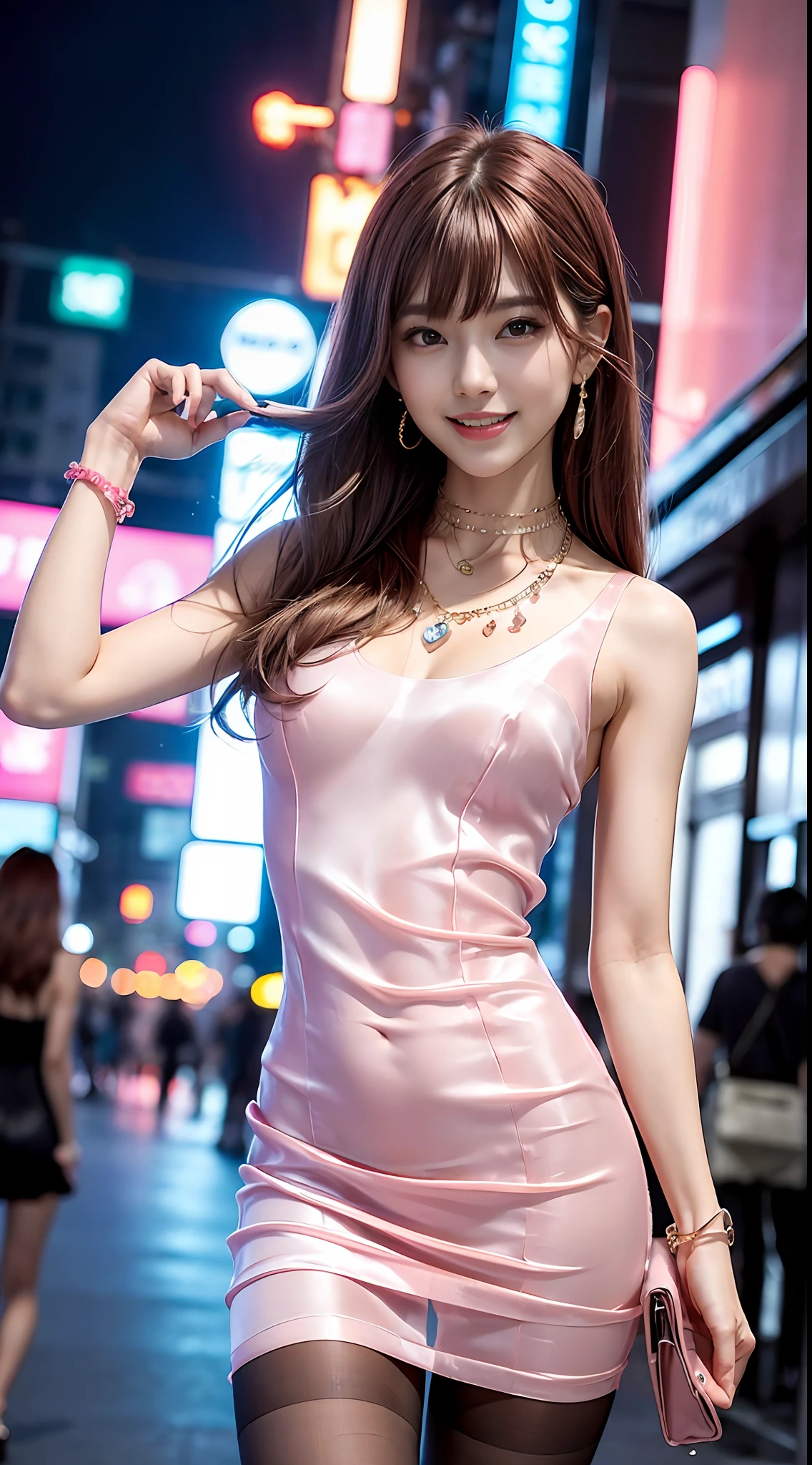 pretty korean girl, kpop idol, 1 girl, (very slim slender fit-muscled body:1.3), ((looking at viewer)),(big smile:1.3), (tight mini dress), (sleeveless) ,
(fashion city night, dark night, (neon sign), (blurred background), fashion street night),(without people in the background:1.3),
beautiful earrings, bracelets, necklace, pantyhose, clear eyes, walking , front shot, (pale skin), (big eyes), face forward, ((upper body shot)),
((silk pink color dress:1.3)),(brown hairs),((laced dress)), (laced panty), (see through), (looking at viewer:1.3)
open breast, very slim, long legs, medium breasts, (Nipple Protrusion), hermes bag