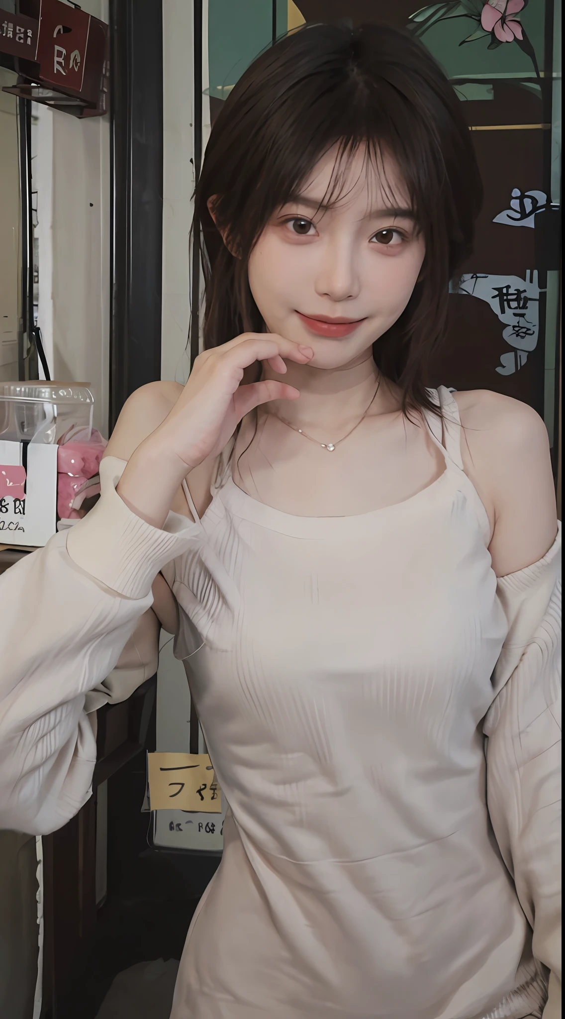 best qualtiy, 超高分辨率, (realisticlying:1.4),cute hairpin,Baoyu Girl,1girll, Beautiful woman with a slim figure:1.4, Abs:1.1, (A brown-haired, mideum breasts:1.3), Long pink sweater:1.1, 浴室,Ultra-fine face,Elaborate Eyes,二重まぶた,ssmile,choker necklace