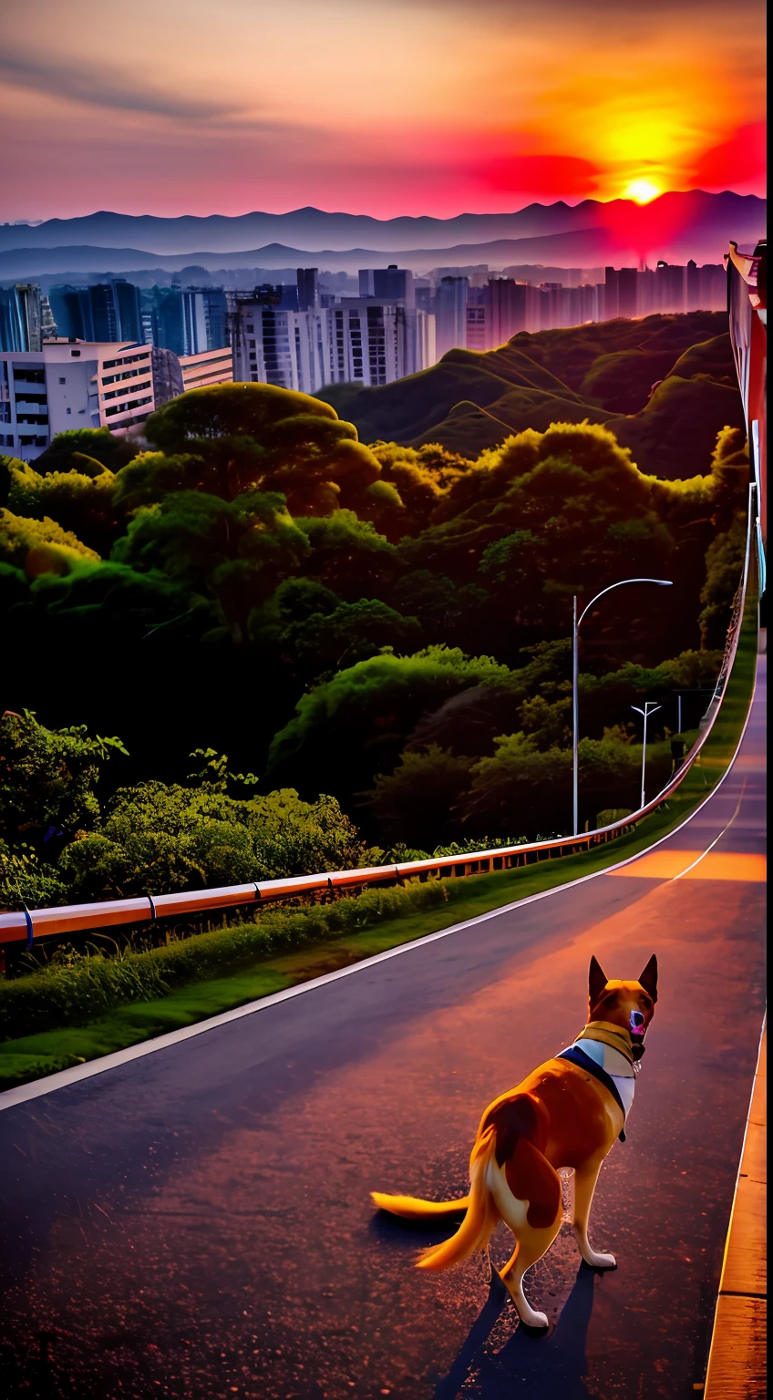the setting sun,evening light,view from long distance,realisticlying,plethora of colors,Gorgeous and colorful,wide wide shot,Shoot at night,positive,natural style,hdr shot。doggy,a person