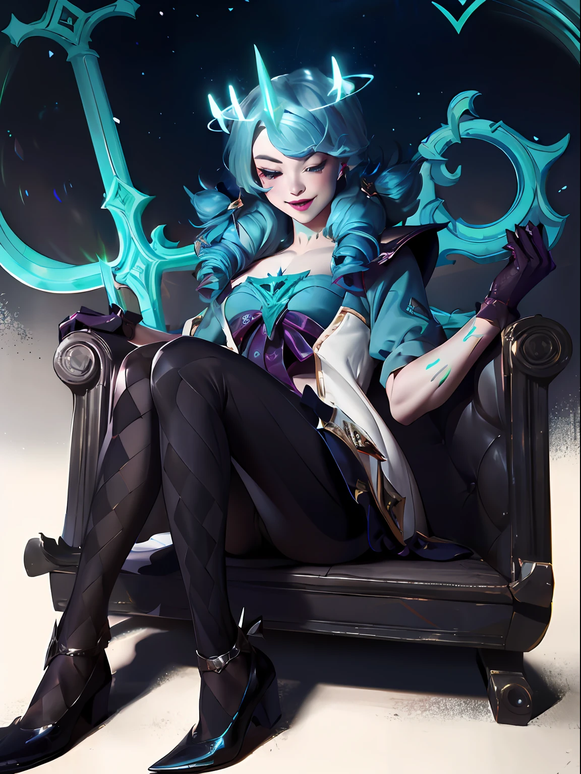 League of Legends Gwen, Wearing Viego's crown, Viego's crown, Green Viego crown, Viego crown, 3 spiked Viego crown, 3 spiked glowing crown, glowing Viego crown, Viego headpieace, SFW, wink, winking, one eye closed, Gwen's dress, Gwen's outfit, Gwen's hair, Gwen's gloves, Gwen's shoes, Gwen's leggings, Blue hair, mouth closed, closed mouth smile, looking at viewer, 8k, official art, masterpiece, ultrasharp, blush, red blush, sitting down, legs crossed, crossed legs, right leg over left leg, full body