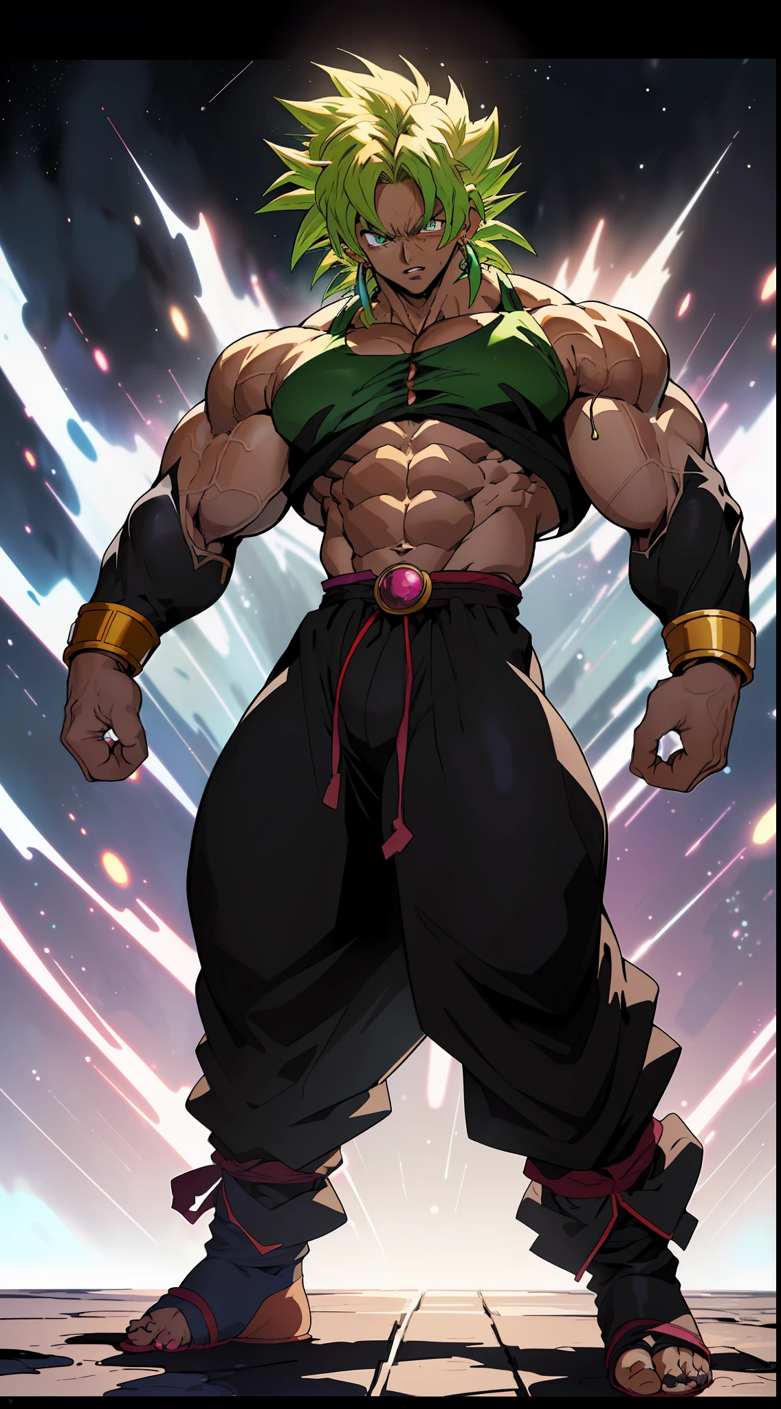 (anime) . (((Broly))), full body, in the space . (Masterpiece: 1.8), (64k quality), (final fantasy artwork concept), detailed (manga eyes + hair + clothes + body + face + colors + shoulders + eyes (globular + transparent + liquid) + (sharper drawings) + (shiny jewelry) + (clothes folds) + (rounded eyes) + (consistent clothes) + (clothing features) + (eyes line), better (colorful + (coarser line) + (black line) + finishing . [Drawing] (Anime (Manga (Comics))) + (Coarse Line: 1.8) + (Black Line: 1.8) + (Color: 1.8) + (Clean: 1.8) + (Contrast: 1.8) + (Black Outline: 1.8) + (adjusted colors: 1.8) + (shadow set: 1.8) + (manga eyes: 1.8) + ((muscle: 1.8)) + ((bodybuilder: 1.8)), ((made homogeneous: 1.3))