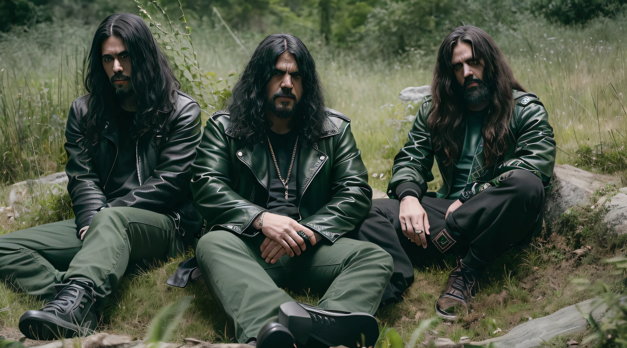 three men in GREEN leather jackets sitting in a grave with their hands on the ground, sepultura, thrash metal, photo documetalism, Black Metal Aesthetics, Metal pesado 1981, Rococo GREEN metal, Black Metal, escala de cinza 1 9 9 0, Doom Metal, sentam-se ao lado de uma pilha de ossos, estilo Black Metal, vinheta muito pesada!!!