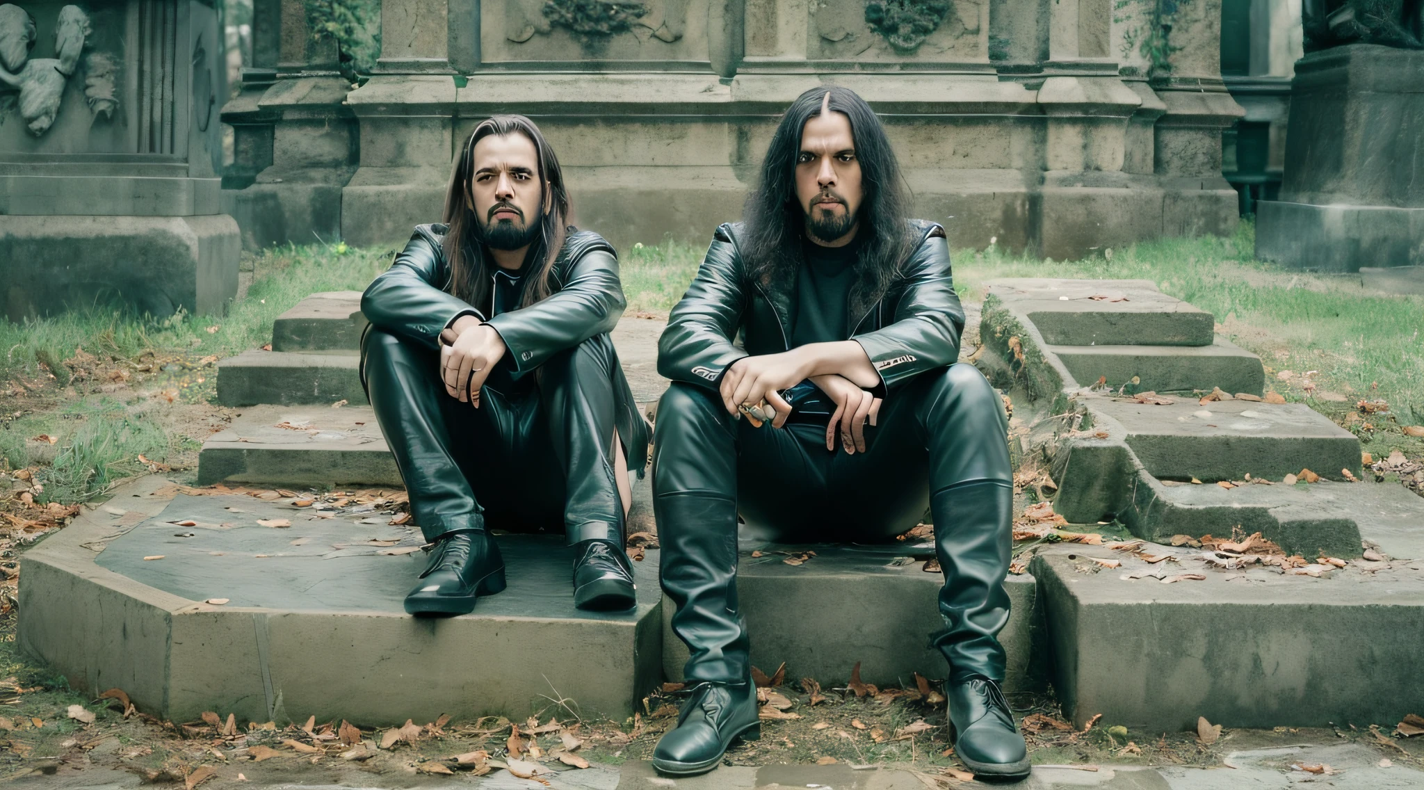 three men in GREEN leather jackets sitting in a grave with their hands on the ground, sepultura, thrash metal, photo documetalism, Black Metal Aesthetics, Metal pesado 1981, Rococo GREEN metal, Black Metal, escala de cinza 1 9 9 0, Doom Metal, sentam-se ao lado de uma pilha de ossos, estilo Black Metal, vinheta muito pesada!!!