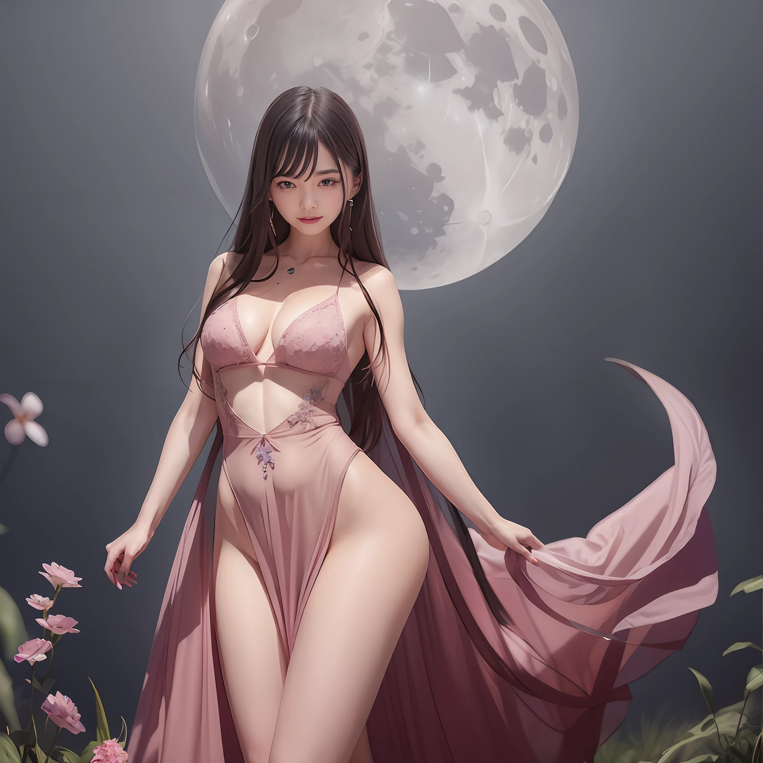 (moon goddess:1.2, pink moon:1.3, fantasy-like:1.2, beautiful fantasy, moon-like beauty, air-like fantasy, fantasy-like dress, pink dress, beautiful moon goddess, moon behind her, in front of the moon:1.1, beautiful fantasy, cosmic flower fairy, soft moonlight illumination, under the moonlight, dreamlike atmosphere illuminated by moonlight, moon, Aion)
