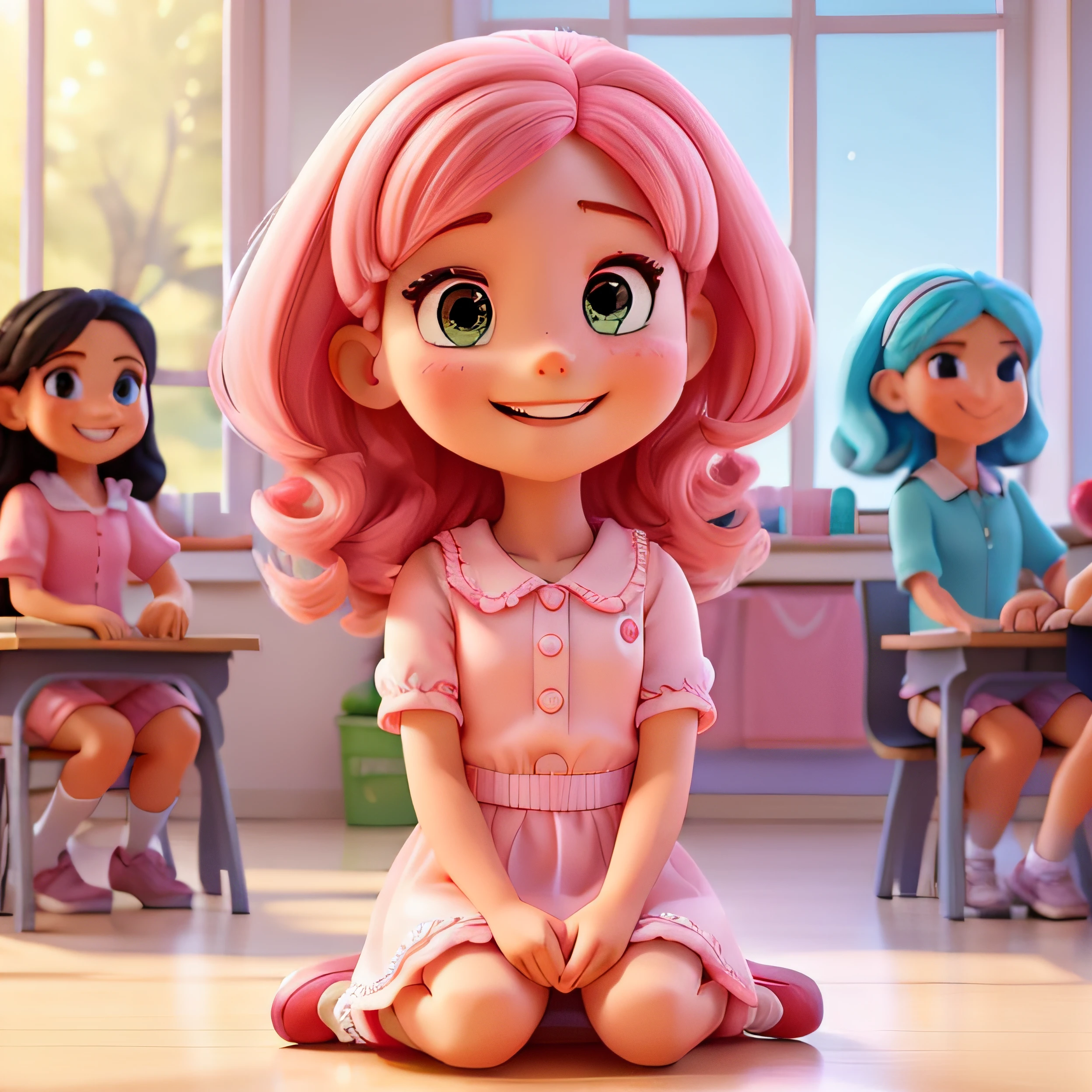 quero Marina, uma menina de 3 anos com cabelos rosa e olhos castanhos, is sitting in a circle with her friends from school. They're all having fun playing hide and seek. Marina is smiling and laughing. She is happy to have friends and loves to play with them.

Here are some additional details that can be included in the description:

Marina is wearing a pink dress and white shoes.
Your friends are wearing different clothes, But everyone is smiling and having fun..
The classroom is lit by sunlight coming in through the window.
There's cheerful music playing in the background.
Marina and her friends are having a great time and don't want the game to end.