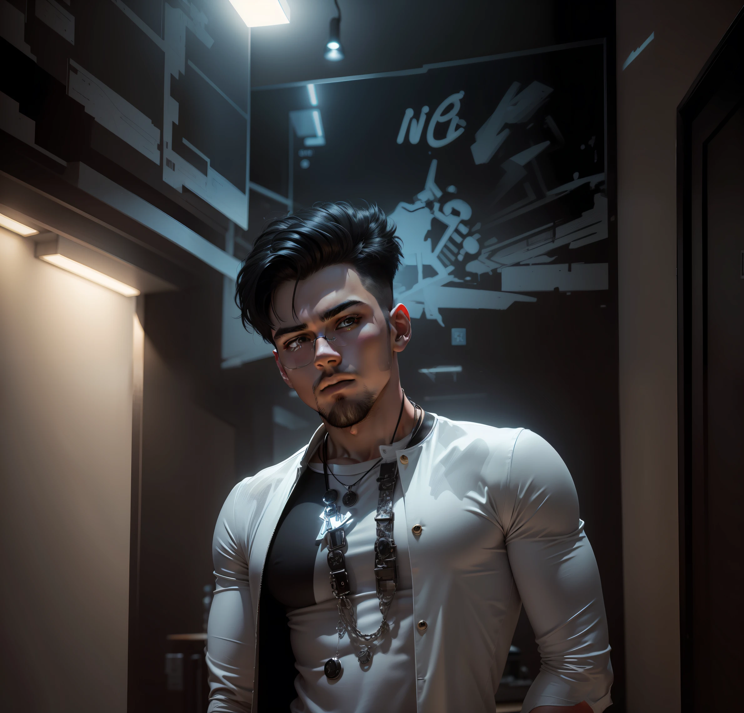 Stylish standing boy standing in a room, height ratio around 5ft and 5 inch, bit bulky, white neon lights on background, white denim on a black tshirt, lite black sunglass, expensive watch on wrist, 4k,full body pic and face will be same and realistic with the background