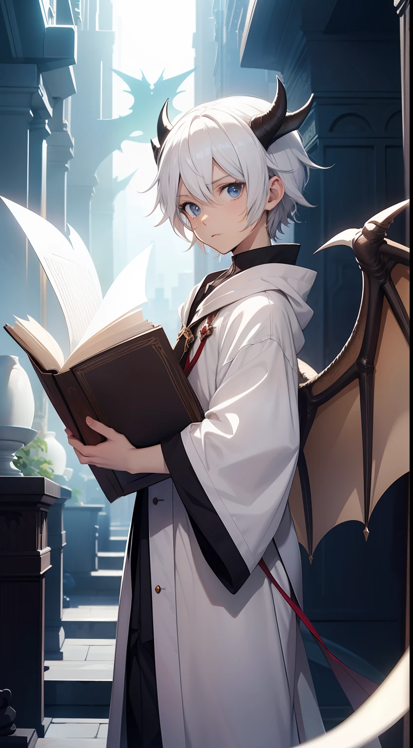 an anime boy wearing white sorcerer's clothes holding a floating book with dragon horns and dragon wings , Cabelos brancos curtos