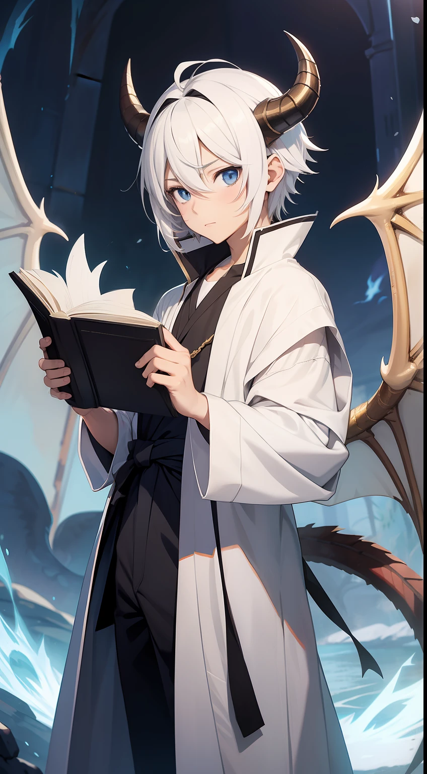 an anime boy wearing white sorcerer's clothes holding a floating book with dragon horns and dragon wings , Cabelos brancos curtos