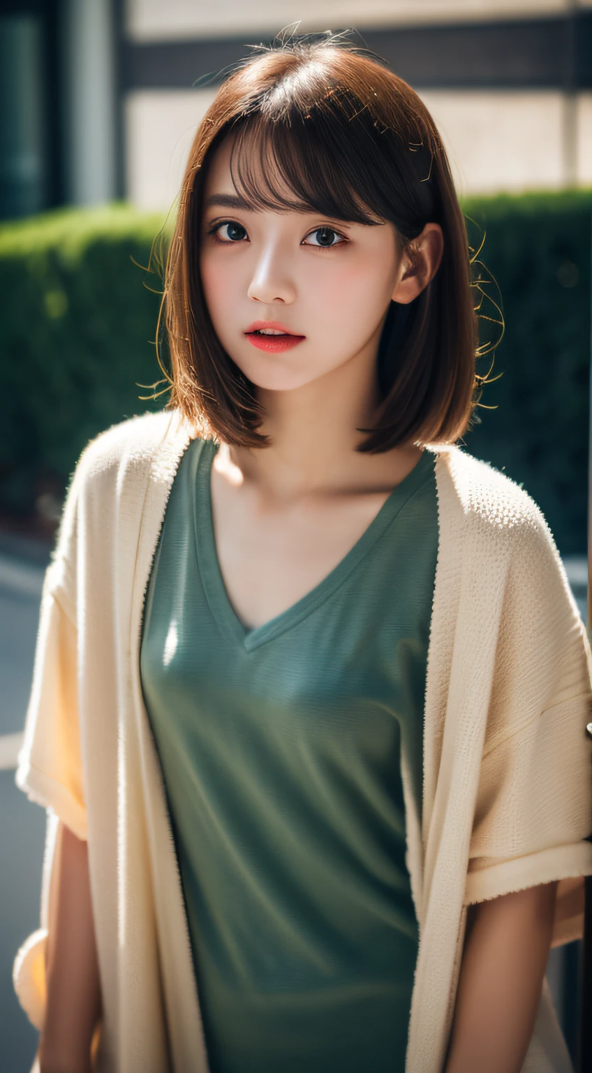 masterpiece, top-quality, Raw foto, Photorealsitic、full body Esbian、 beautiful a girl, cute little, shorth hair, depth of fields, hight resolution, ultra-detailliert, finely detail, ighly detailed, extremely detailed eye and face, Sharp pupils, Realistic pupils, foco nítido, Cinematic lighting、small tits、In the street、Casual wear