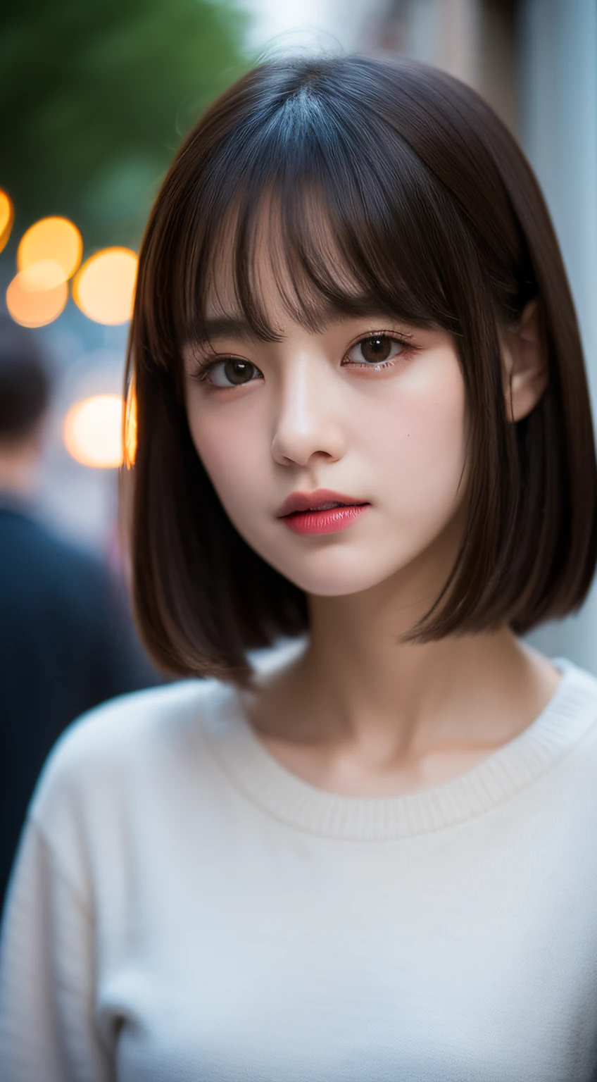 ​masterpiece, top-quality, Raw foto, Photorealsitic、full body Esbian、 beautiful a girl, cute little, shorth hair, depth of fields, hight resolution, ultra-detailliert, finely detail, ighly detailed, extremely detailed eye and face, Sharp pupils, Realistic pupils, foco nítido, Cinematic lighting、small tits、In the street、Casual wear