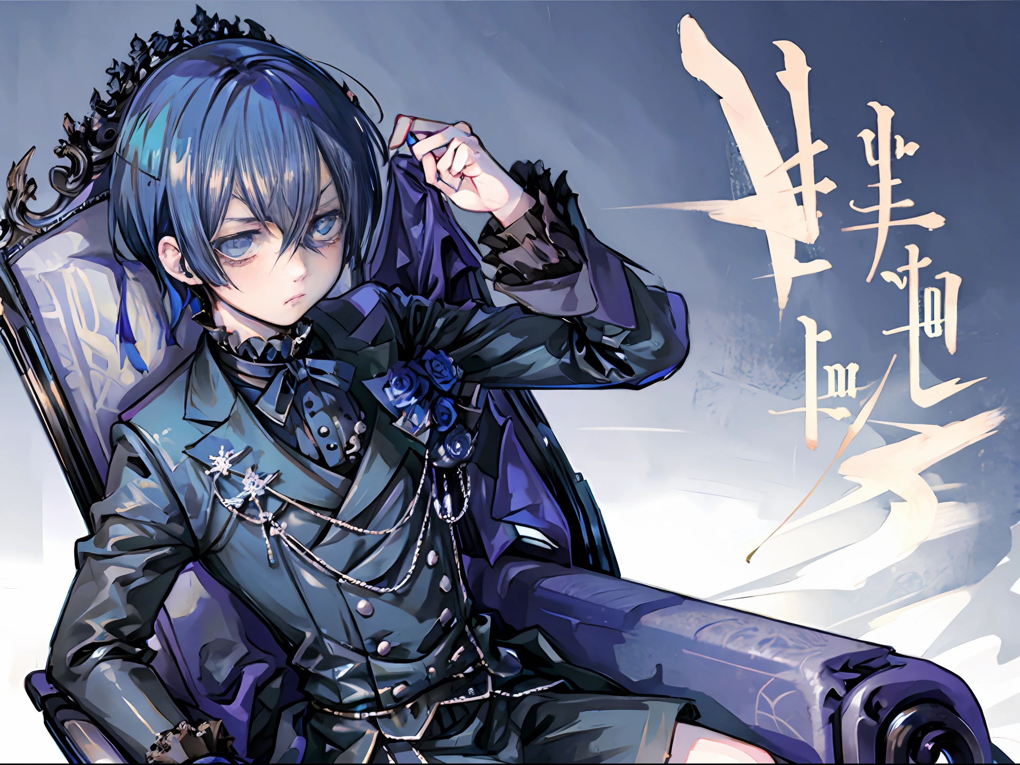 Ciel phantomhive, Sitting on a chair, not wearing pants, opening his thighs wide, naked, blush face, ((1boy)), nsfw