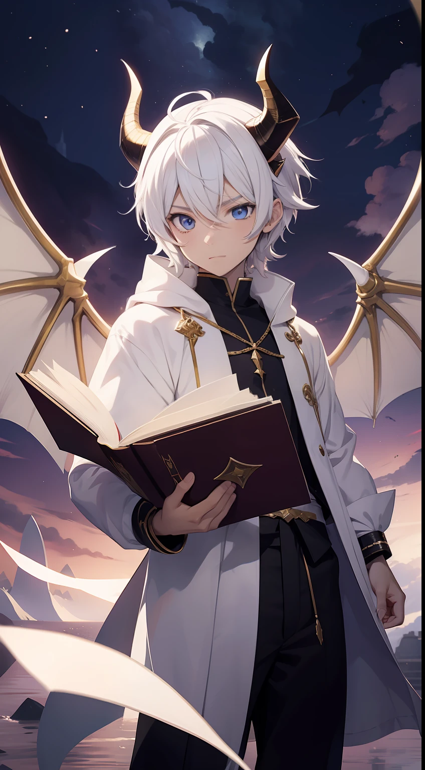 an anime boy wearing white sorcerer's clothes holding a floating book with dragon horns and dragon wings , Cabelos brancos curtos