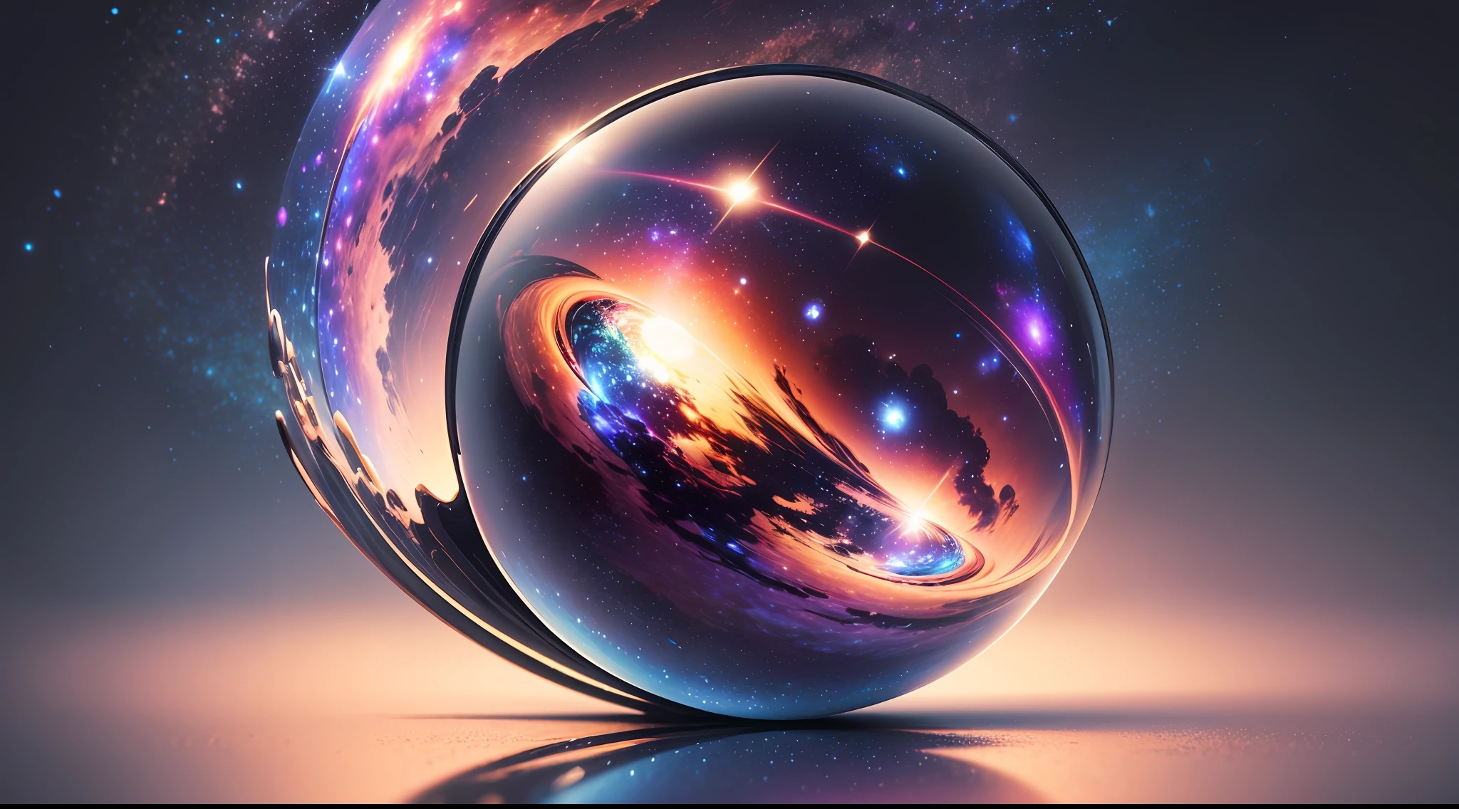 (a masterpiece), best quality, galaxy background, 3D transparent glass sphere, realistic reflections, high resolution, wide vision, image filters, refined technique --auto --s2