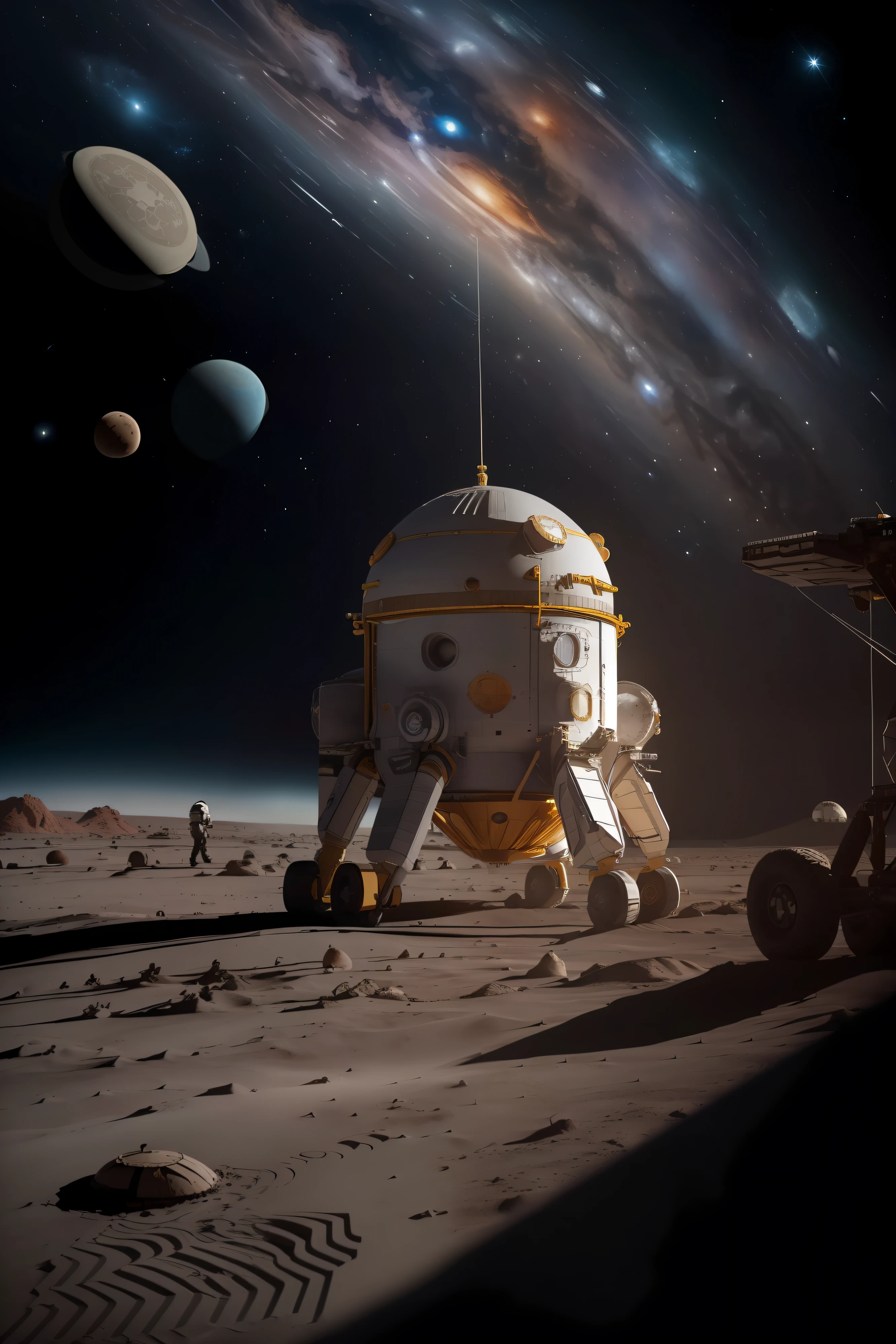 ( androides Boston Robotics con 6 extremidades construyendo una base espacial se en la superficie del planeta Marte ), Cielo ????? con estrellas, con algunas naves a la distancia, maquinaria, Some small transport vehicles are driving the distance, La tierra se puede ver en el cielo, one large and one small, En el cielo, (Un astronauta de pie a un lado:1.5), Close Search View, extremadamente detallado, 8k, doomsday punk style, cold colors