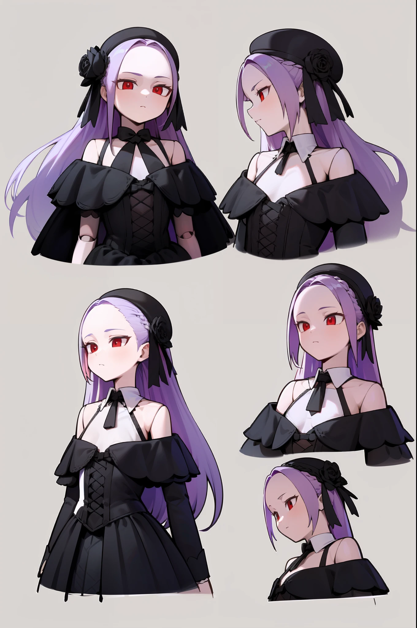 masterpiece, illustration, best quality, ++, 1girl, solo, light purple hair, long hair, french braid, single sidelock, forehead, red eyes, multicolored eyes, small breasts, flat chest, ****, victorian dress, embellished dress, black dress, corset, neckwear, off-shoulder dress, frills, doll, doll joints, ++, ((character reference sheet, same character in different poses, character turnaround, multiple views)), (transparent background, gray background:1.2), arms behind back, upper body, portrait, cold, neutral