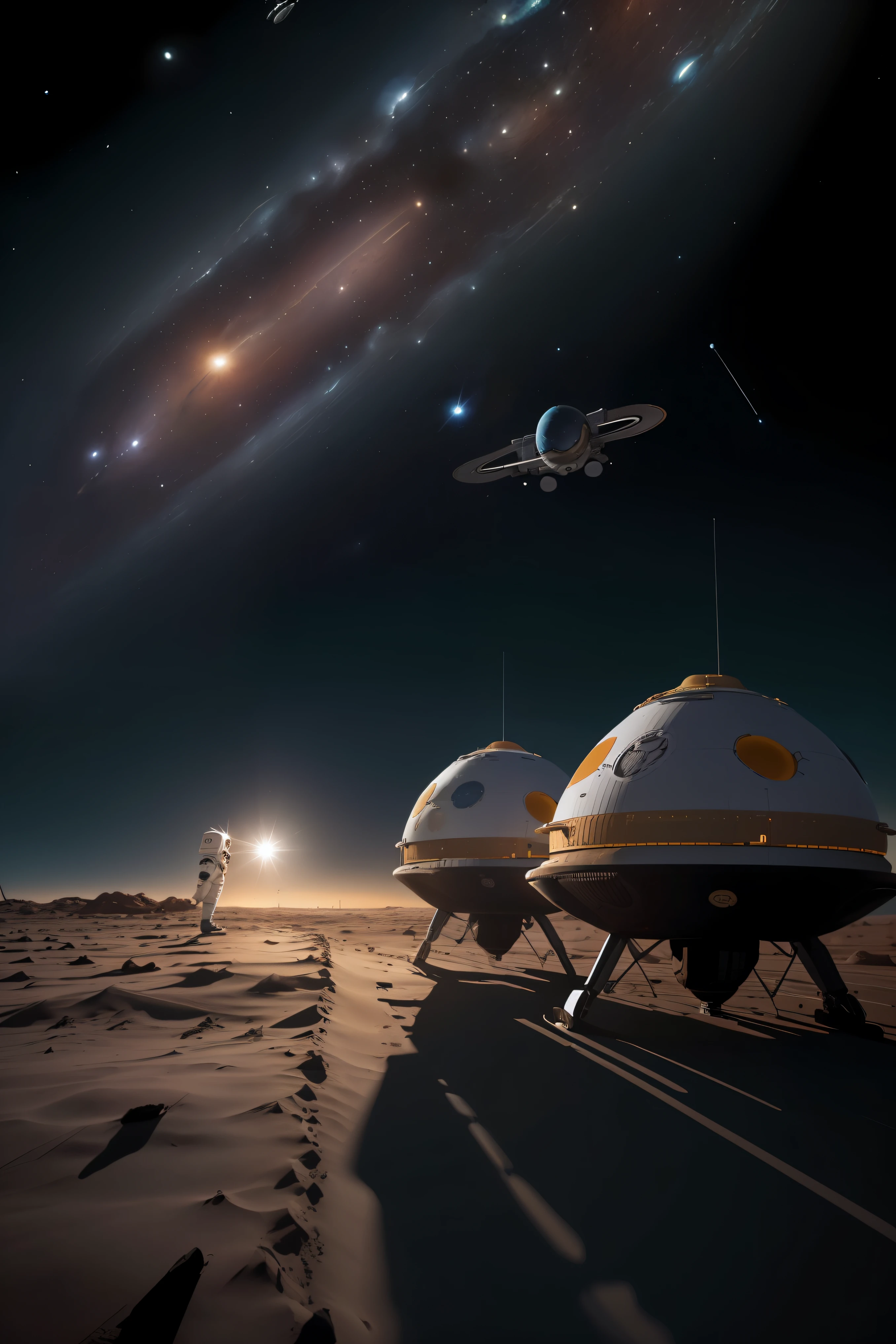 ( androides Boston Robotics con 6 extremidades construyendo una base espacial se en la superficie del planeta Marte ), Cielo negro con estrellas, con algunas naves a la distancia, maquinaria, Some small transport vehicles are driving the distance, La tierra se puede ver en el cielo, one large and one small, En el cielo, (Un astronauta de pie a un lado:1.5), Close Search View, extremadamente detallado, 8k, doomsday punk style, cold colors
