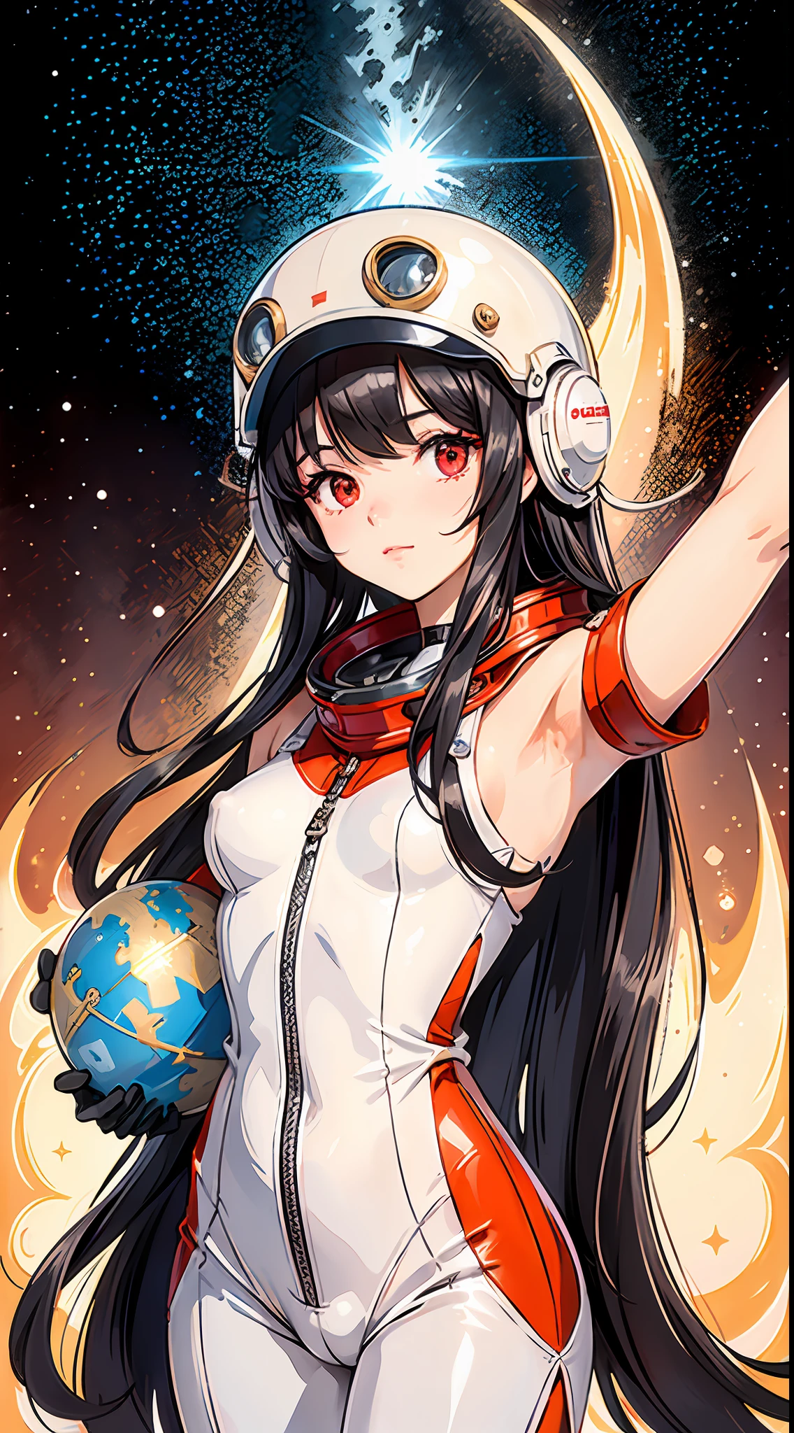 1girl, flat_breasts, cute, beautiful detailed eyes, shiny hair visible through the hair, hair between the eyes, CCCP Poster, Soviet poster, red monochrome, Soviet poster, Soviet, communism,
Black_hair, red eyes, vampire, ager, poor breasts, spacesuit: orange_clothing_body:jumpsuit), white_gloves, white_space, white_shelmet, red letters CCCP on the top of the helmet, weightlessness, side light, reflection, the man in the spacesuit is in the lower left corner of the frame, the right arm is outstretched, the right hand gently touches the Salsa space station "Yuut"), the space station in the upper right corner of the screen, reflected light from the sun, silver metal, red flag, glitter, USSR style, diffuse reflection, metallic texture, blue earth view, fur-style style, sea of stars, high tone, gorgeous