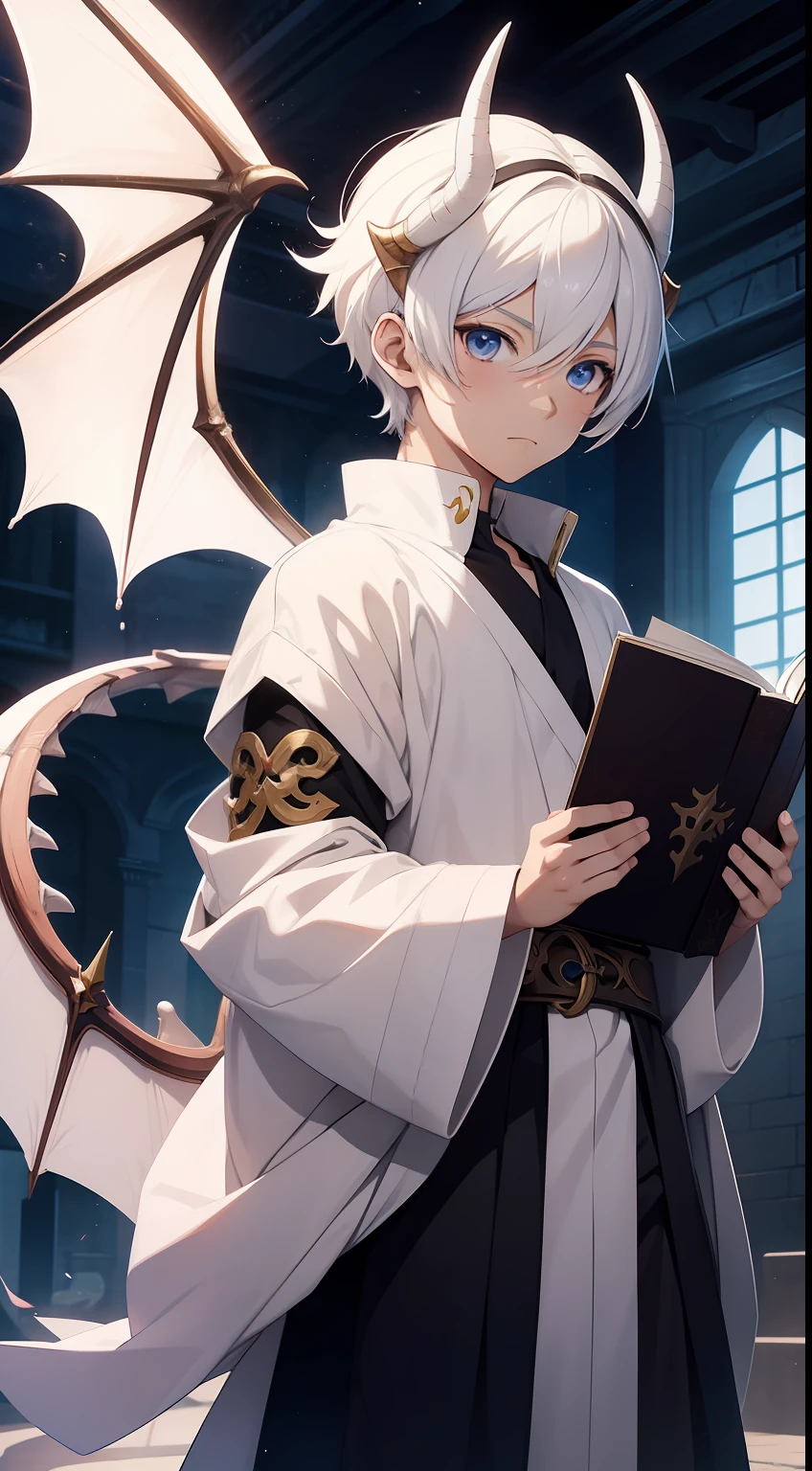 an anime boy wearing white sorcerer's clothes holding a floating book with dragon horns and dragon wings , Cabelos brancos curtos