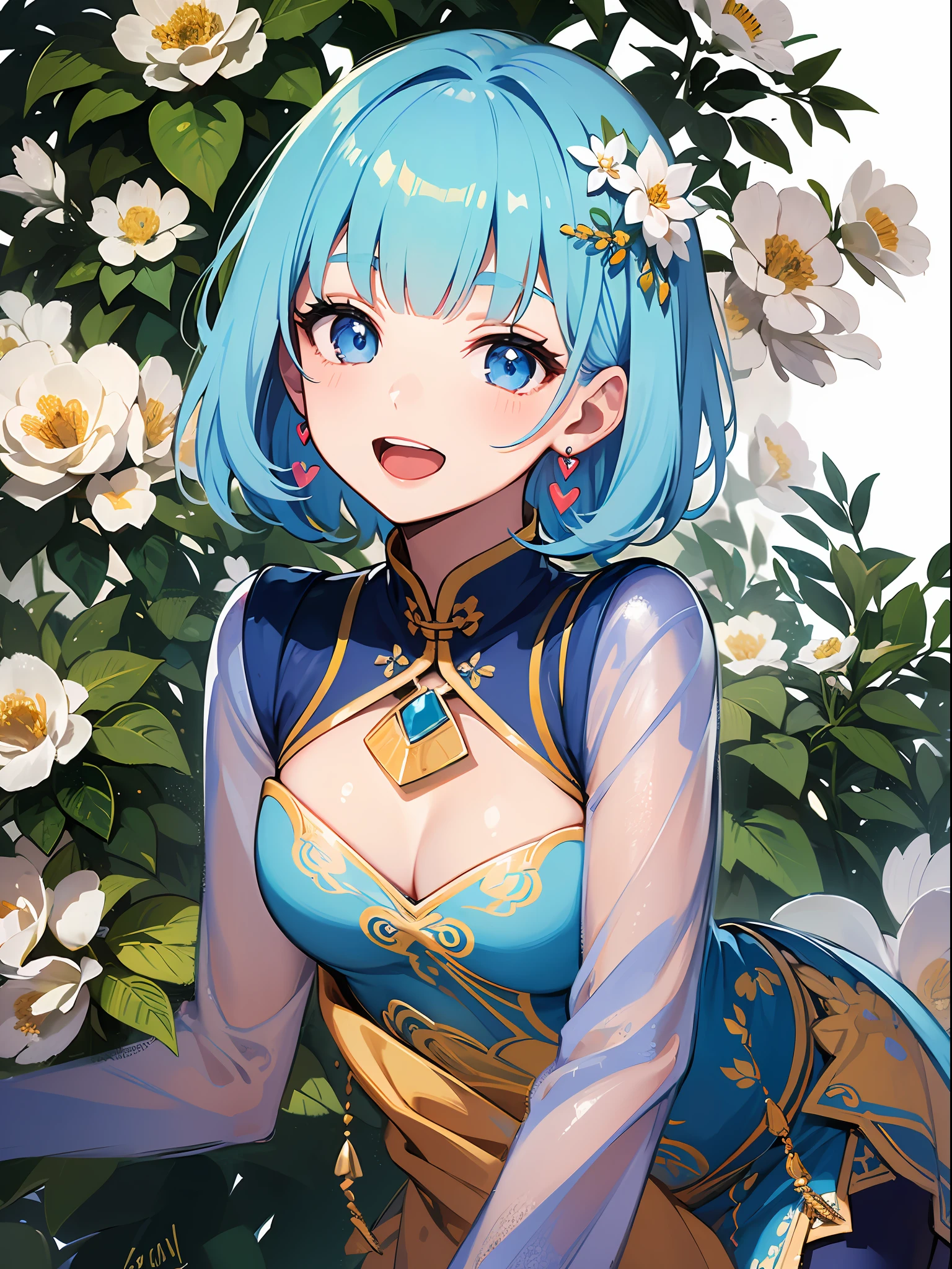 (masterpiece:1.3), (best quality:1.3), high resolution, 


couboy shot, 
leaning forward, body facing forward, 

(one cute girl:1.3), solo, 
white skin, small Breast, eight-headed person, 
light blue hair, (bobbed hair:1.2), (short hair:1.1), (blunt bangs:1.2), beautiful hair, blue eyes, beautiful detailed eyes, 

open mouth, heart, cheerful smile, 

chinese clothes, miniskirt, earrings, 

flower garden, (white background:1.2), simple background, 

shadowlighting,