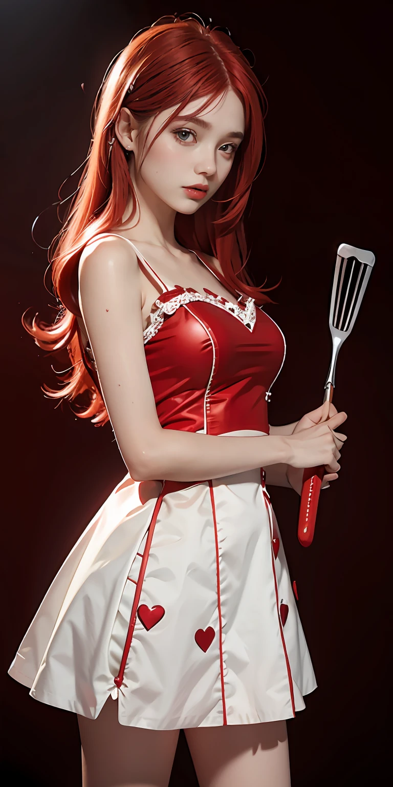 none with red and white dress, red hair, 16 years old girl, spatula in hand, Best Quality, Ultra High Resolution, high detailed skin, heart,