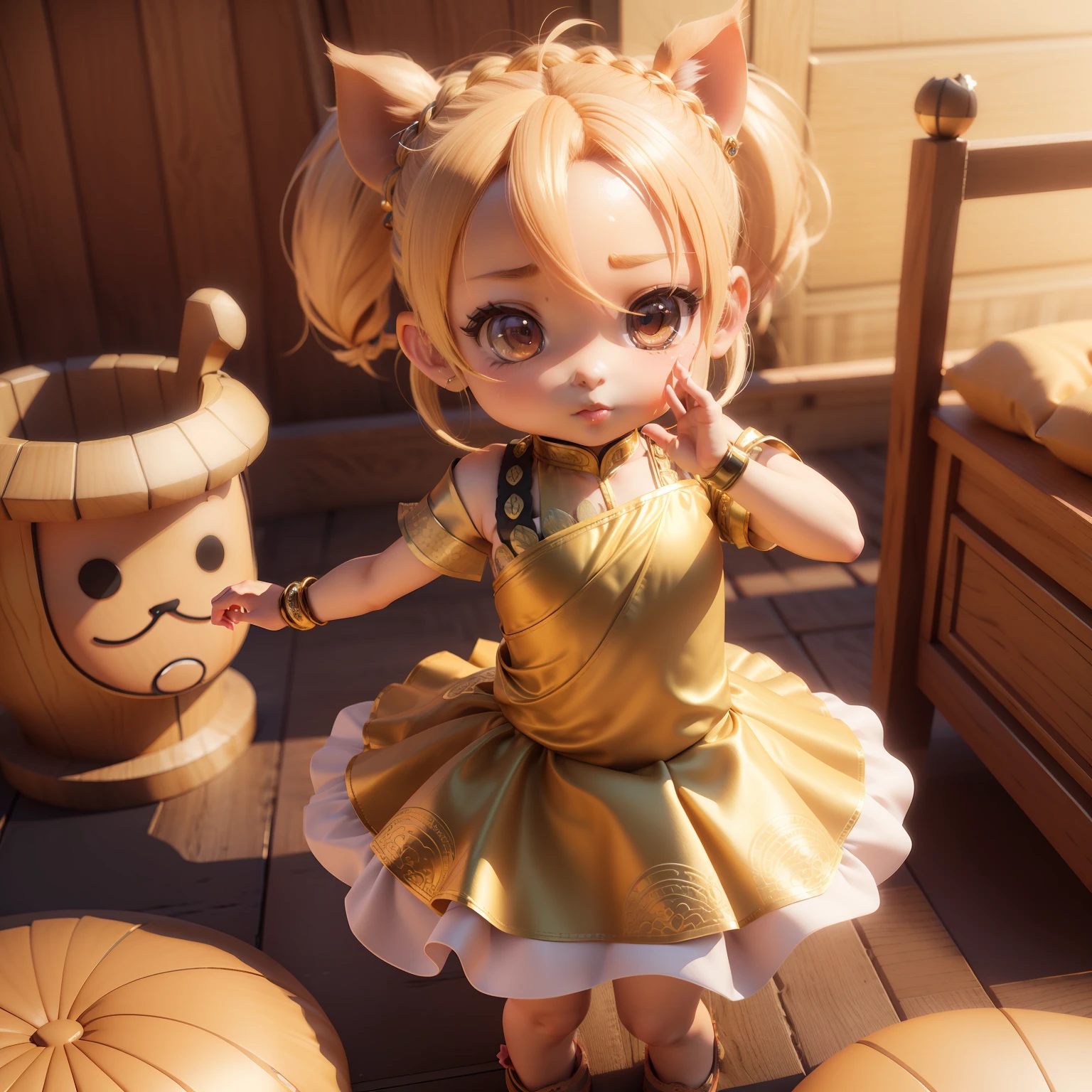 (((chibi3d))),Cute and beautiful chibi anime character girl/Blonde braided ponytail,Pig nose like emoji,indian national dress,Short length,