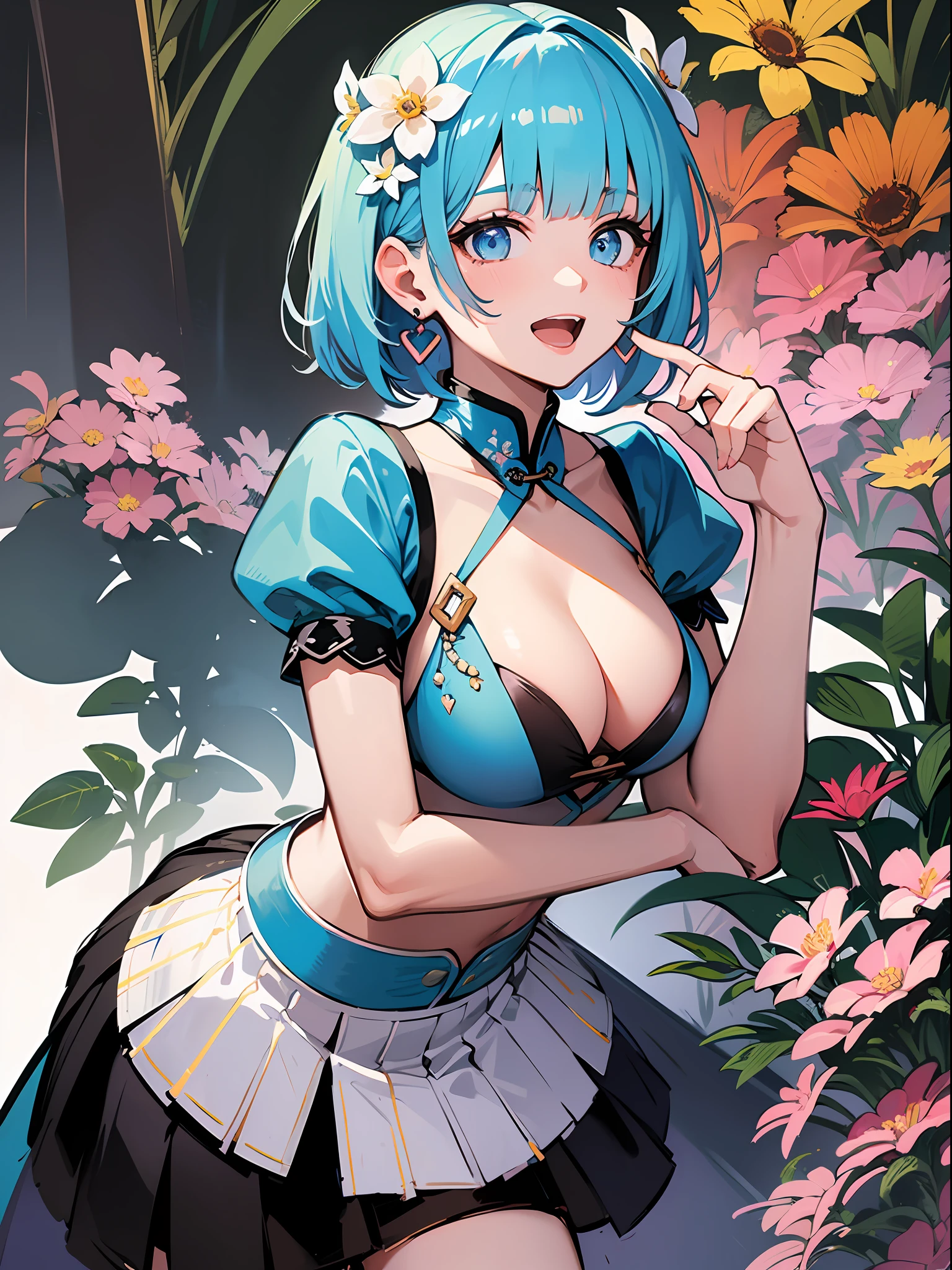(masterpiece:1.3), (best quality:1.3), high resolution,
couboy shot,
leaning forward, body facing forward,
(one cute girl:1.3), solo,
white skin, small Breast, eight-headed person,
light blue hair, (bobbed hair:1.2), (short hair:1.1), (blunt bangs:1.2), beautiful hair, blue eyes, beautiful detailed eyes,
open mouth, heart, cheerful smile,
chinese clothes, miniskirt, earrings,
flower garden, (white background:1.2), simple background,
shadowlighting,