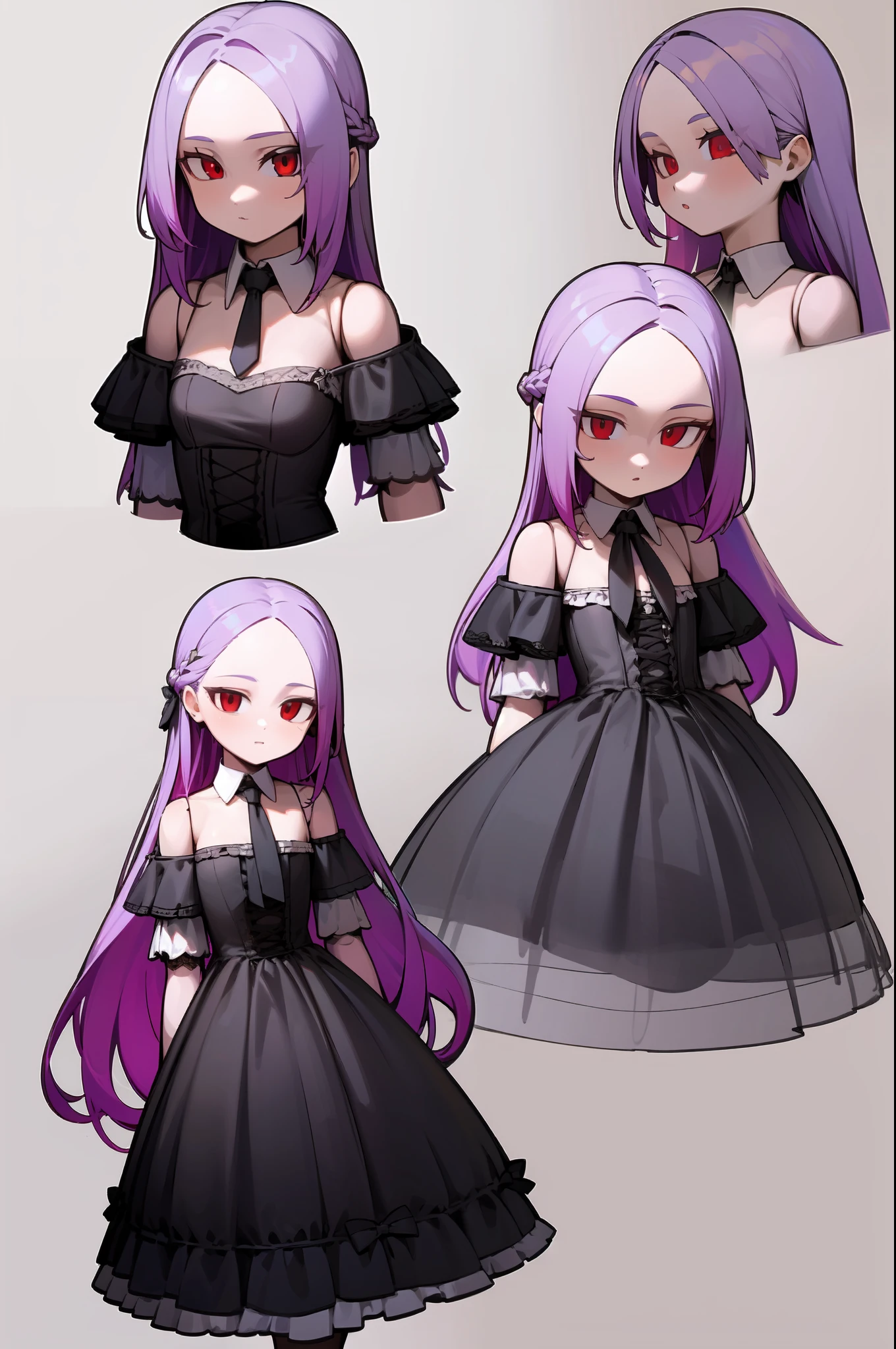 masterpiece, illustration, best quality, ++, 1girl, solo, light purple hair, long hair, french braid, single sidelock, forehead, red eyes, multicolored eyes, small breasts, flat chest, , victorian dress, embellished dress, black dress, corset, neckwear, off-shoulder dress, frills, doll, doll joints, ++, ((character reference sheet, same character in different poses, character turnaround, multiple views)), (transparent background, gray background:1.2), arms behind back, upper body, portrait, cold, neutral