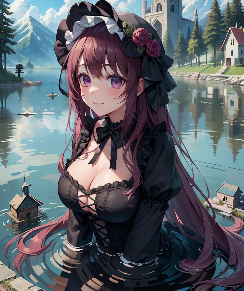 Beautiful girl monster leans out of the lake、Looking down at us. The church is in the foreground、Girl is in the background. :1.2))Girl wears a purple Gothic Lolita style dress. She looks younger. She has big eyes. she is smiling. She puts her cheek to it. Wriggling tentacles. Trampling on an abandoned church. Dark lake. Church sinking into the lake.