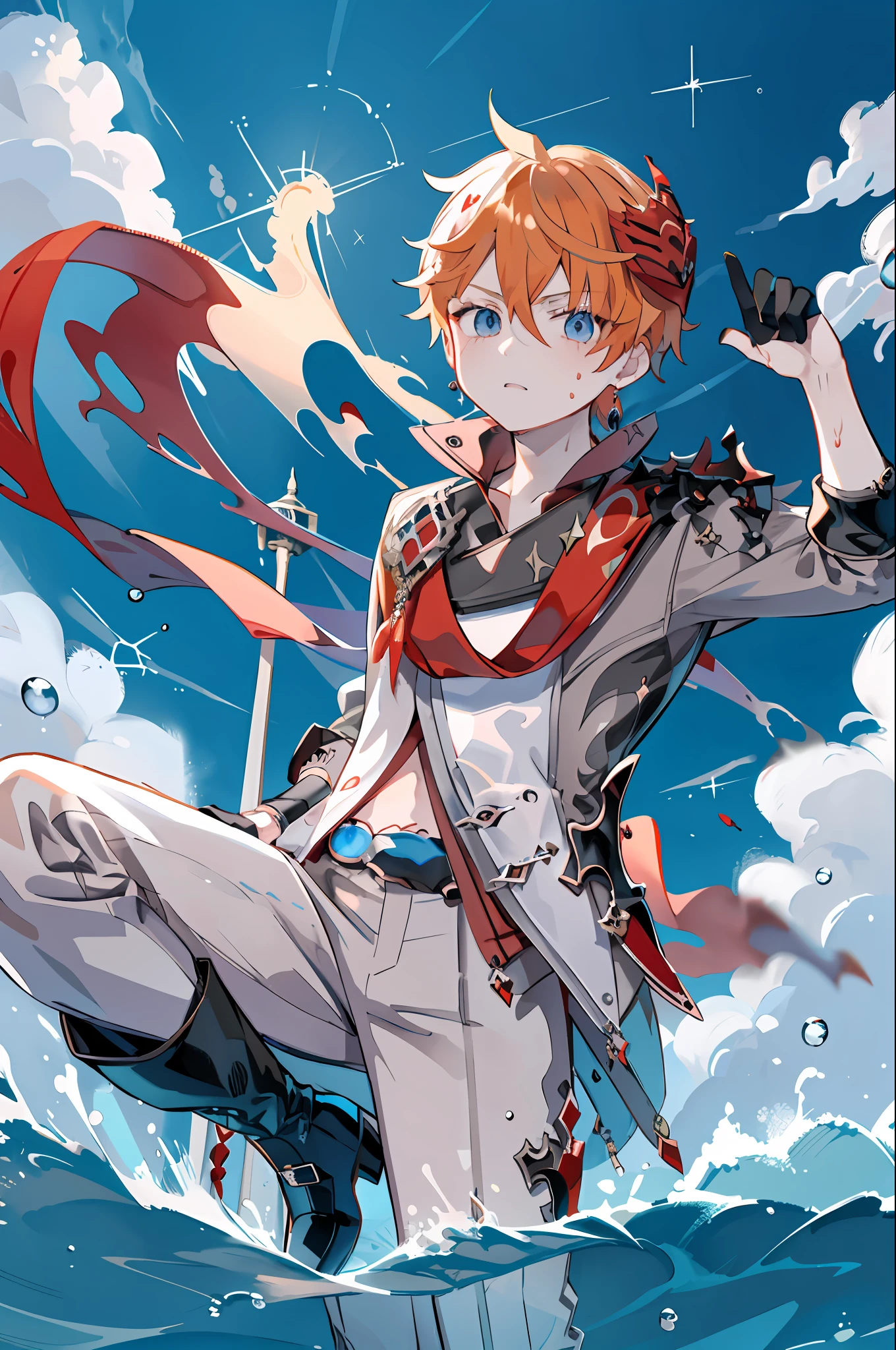 masutepiece, Best Quality,Tartagria (GenshinImpact), 1boy, gloves, Mask,mask on head,Male Focus, Orange hair, arma, Solo, Mask, Blue eyes, Black Gloves, Pants, mask on head, Holding, Jacket, scarf, red scarf, Bangs, Water, long boots, holding weapon, Single earring,(nffsw:0.6)