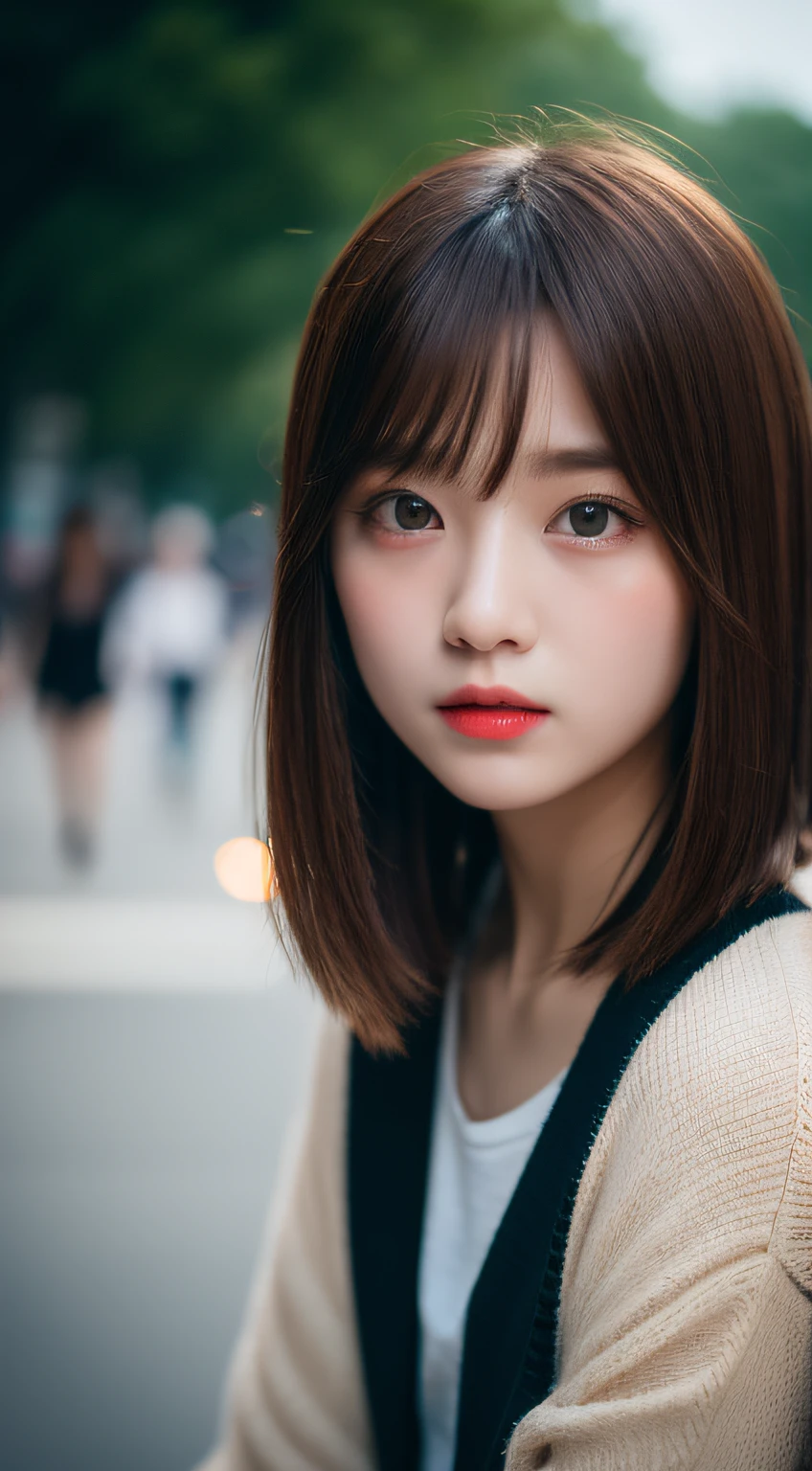 ​masterpiece, top-quality, Raw foto, Photorealsitic、full body Esbian、 beautiful a girl, cute little, shorth hair, depth of fields, hight resolution, ultra-detailliert, finely detail, ighly detailed, extremely detailed eye and face, Sharp pupils, Realistic pupils, foco nítido, Cinematic lighting、small tits、In the street、Casual wear
