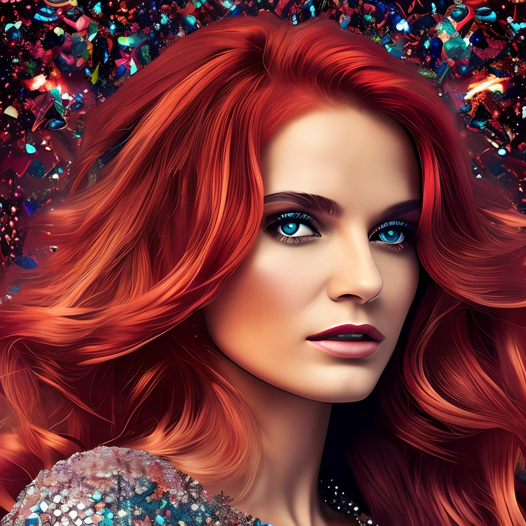 a woman with red hair and a large set of, in the style of sterling silver highlights, made of crystals, celebrity photography, fashwave, amber, pigeoncore, dau al set - (0%) --auto --s2