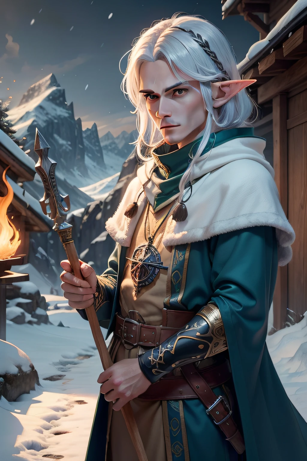 Um meio-elfo de cabelos curtos e castanhos, with a military and disciplined appearance. His expression is serious and determined, reflecting his dedication to the magical arts and battle. Ele veste um traje de mago branco e azul, com detalhes que lembram o gelo e a neve. In one hand, holds a bewitched wooden staff, with mystical runes carved into its surface. On the other hand, empunha uma espada delgada e elegante, that glitters with a magical glow. Seus olhos, de um tom dourado intenso, convey wisdom and a deep connection to the world of sorcerers. Ao fundo, a backdrop of snow and mountains, adding a touch of mystery and magic to the environment this adventurous half-elf inhabits.