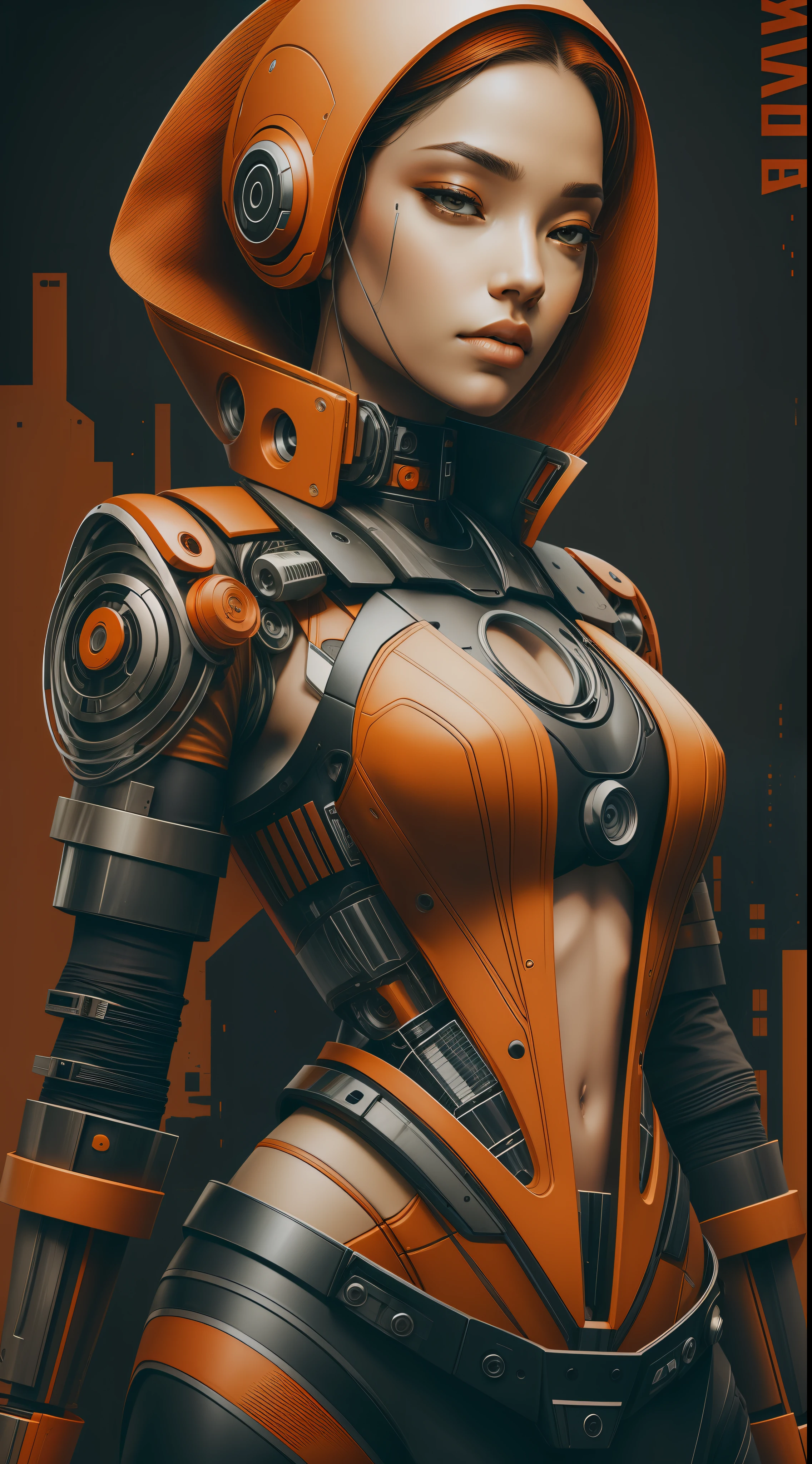 1Female cyborg with robotic arms,orange and black jacket,minimalist