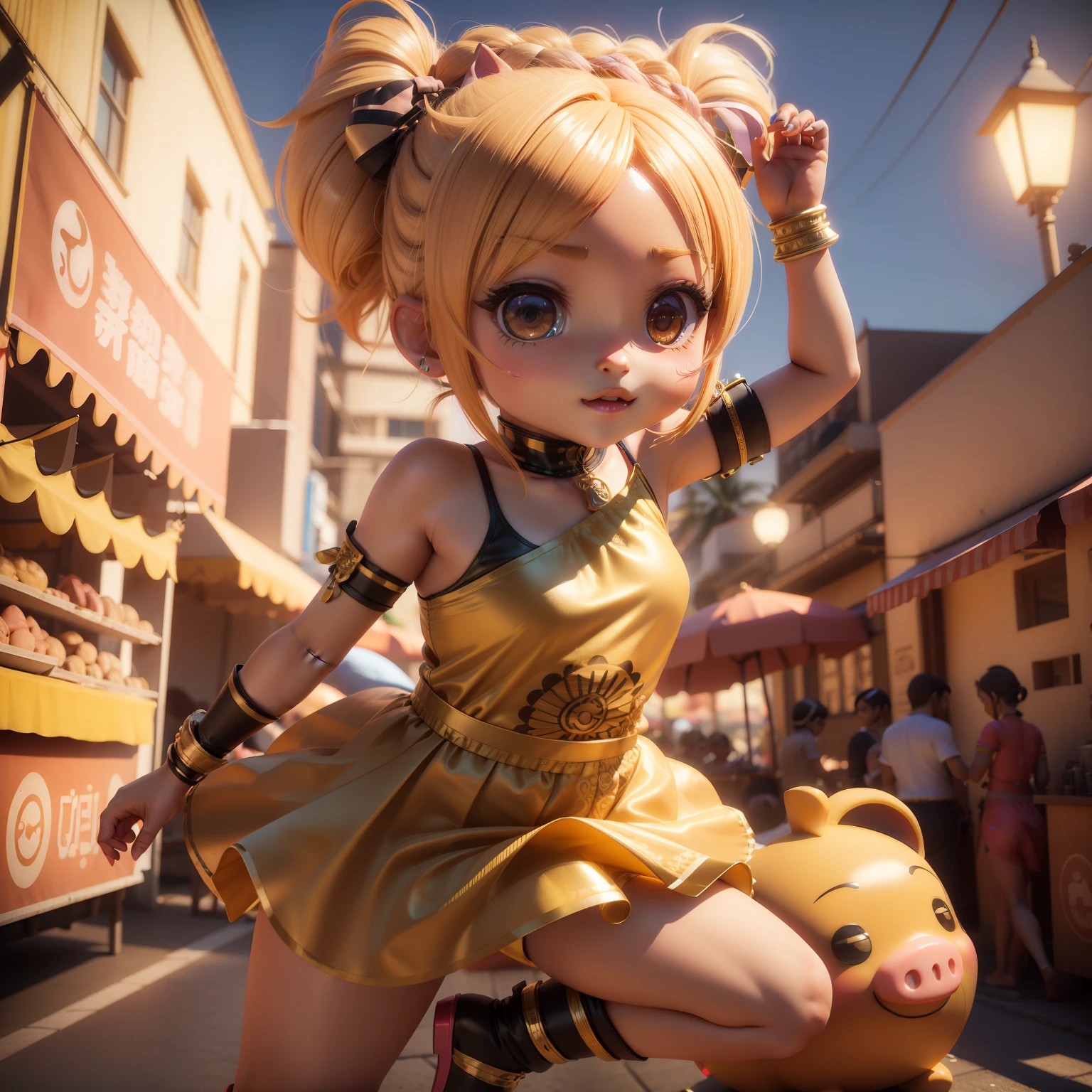 (((chibi3d))),Cute and beautiful chibi anime character girl/Blonde braided ponytail,Pig nose like emoji,indian national dress,Short length,Carnival in Rio