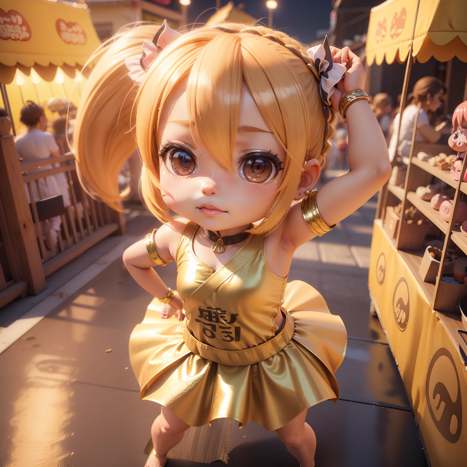 (((chibi3d))),Cute and beautiful chibi anime character girl/Blonde braided ponytail,Pig nose like emoji,indian national dress,Short length,Carnival in Rio