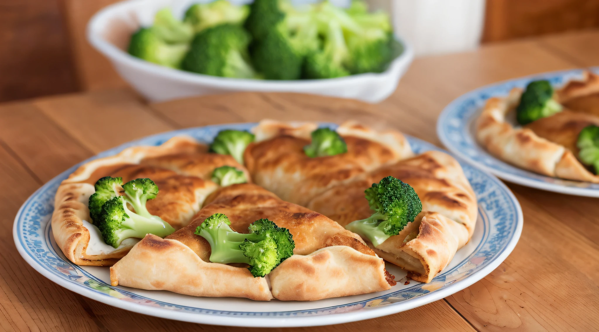 KIDS BLONDIE LONG HAIR , There are four pieces of calzone on a plate with a bowl of broccoli, calzone zone, Mini, como, estilo calude monet, receita, #Micro, # Micro, misturar, alternate angle, Miami, medium tone, hunting