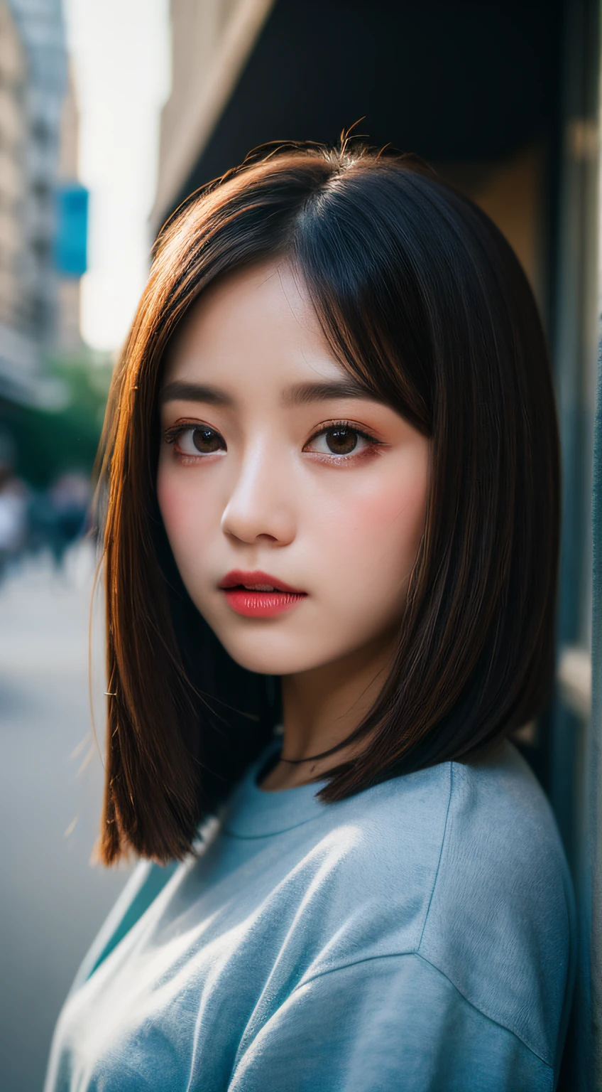 ​masterpiece, top-quality, Raw foto, Photorealsitic、full body Esbian、 beautiful a girl, cute little, shorth hair, depth of fields, hight resolution, ultra-detailliert, finely detail, ighly detailed, extremely detailed eye and face, Sharp pupils, Realistic pupils, foco nítido, Cinematic lighting、small tits、In the street、Casual wear