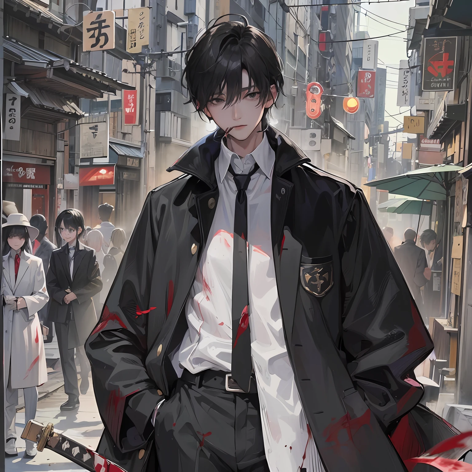 man of 40 years old、being thin、Long coat in black、Japan sword at the waist、Return blood、black suits、Black slacks、white shirt、Black short-haired、Black eyes、Bad eyes、Lack of sleep、Unhealthy、morbid、tall、Smoking、Los Angeles