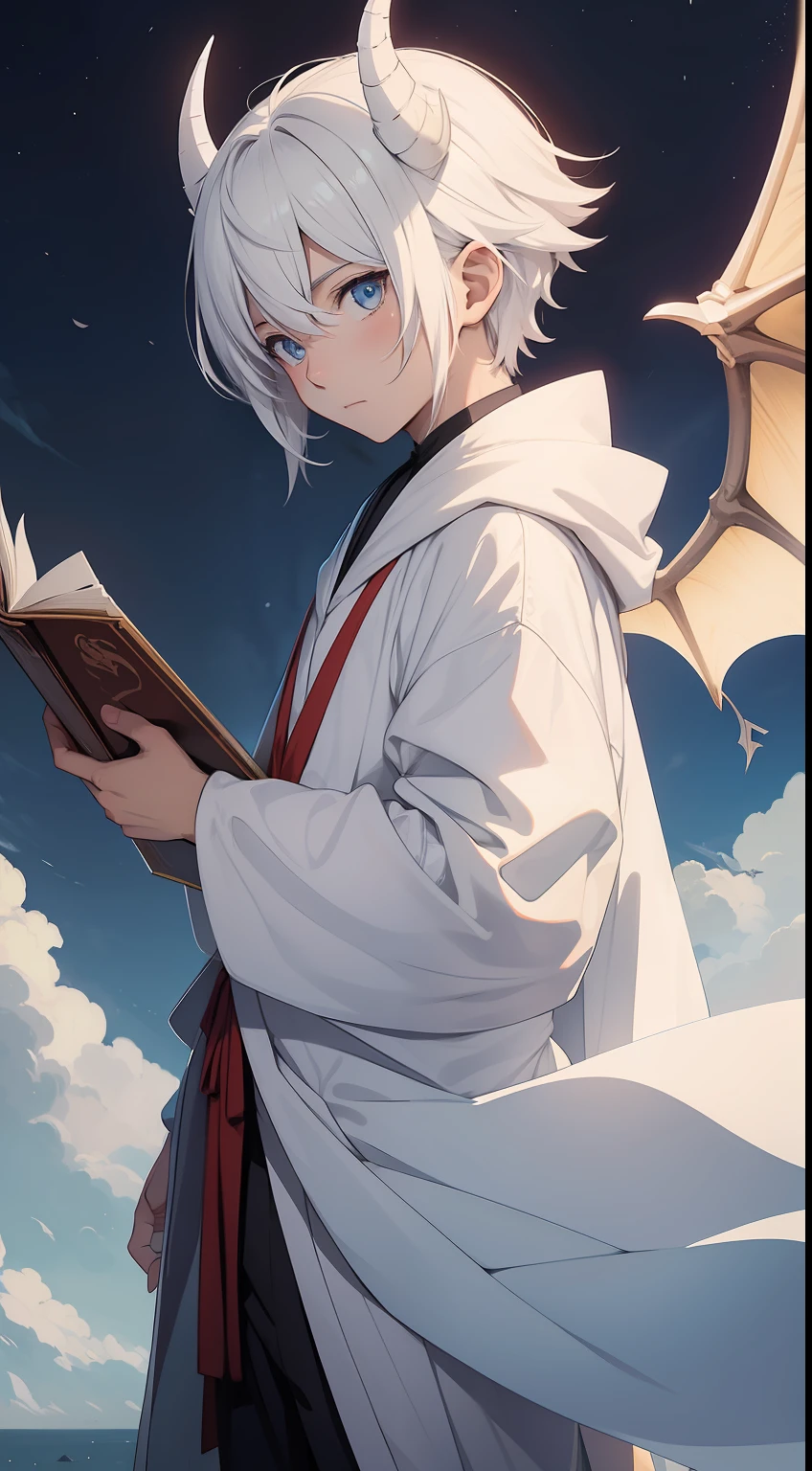 An anime boy wearing white wizard clothes holding a floating book with dragon horns and dragon wings, short white hair