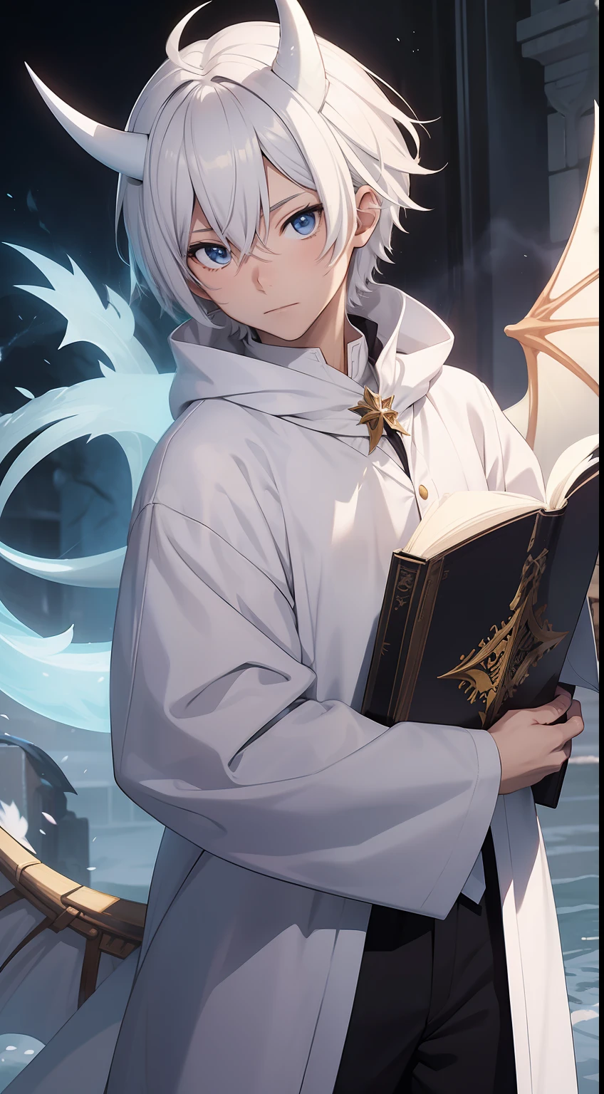 An anime boy wearing white wizard clothes holding a floating book with dragon horns and dragon wings, short white hair