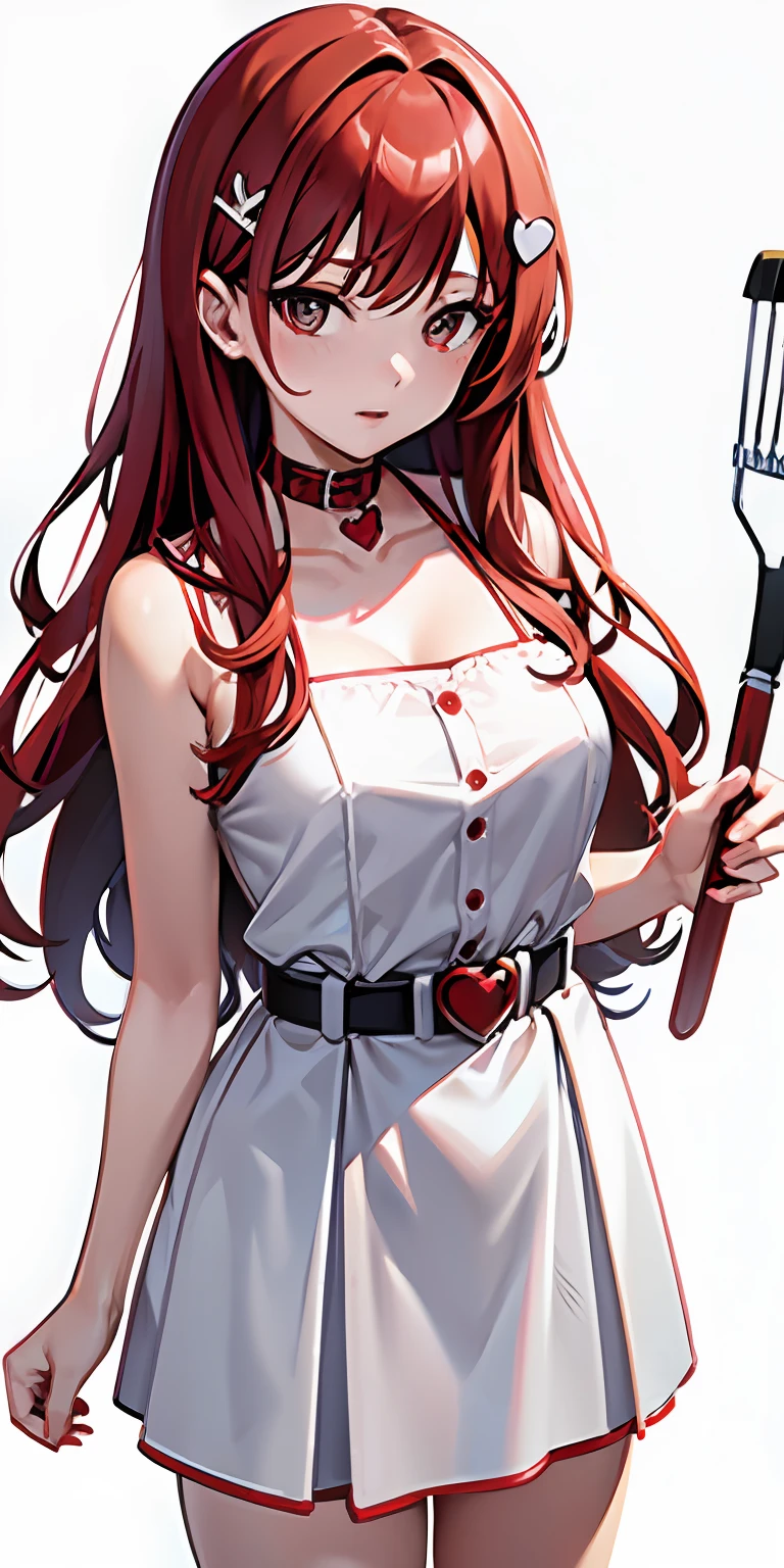 none with red and white dress, red hair, 16 years old girl, spatula in hand, Best Quality, Ultra High Resolution, high detailed skin, heart, hair accessories, belt