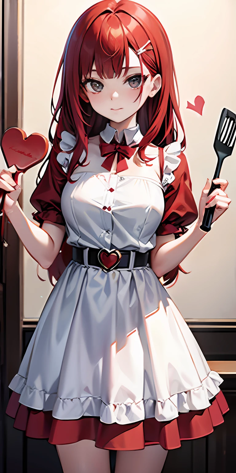 none with red and white dress, red hair, girl, spatula in hand, Best Quality, Ultra High Resolution, high detailed skin, heart, hair accessories, belt